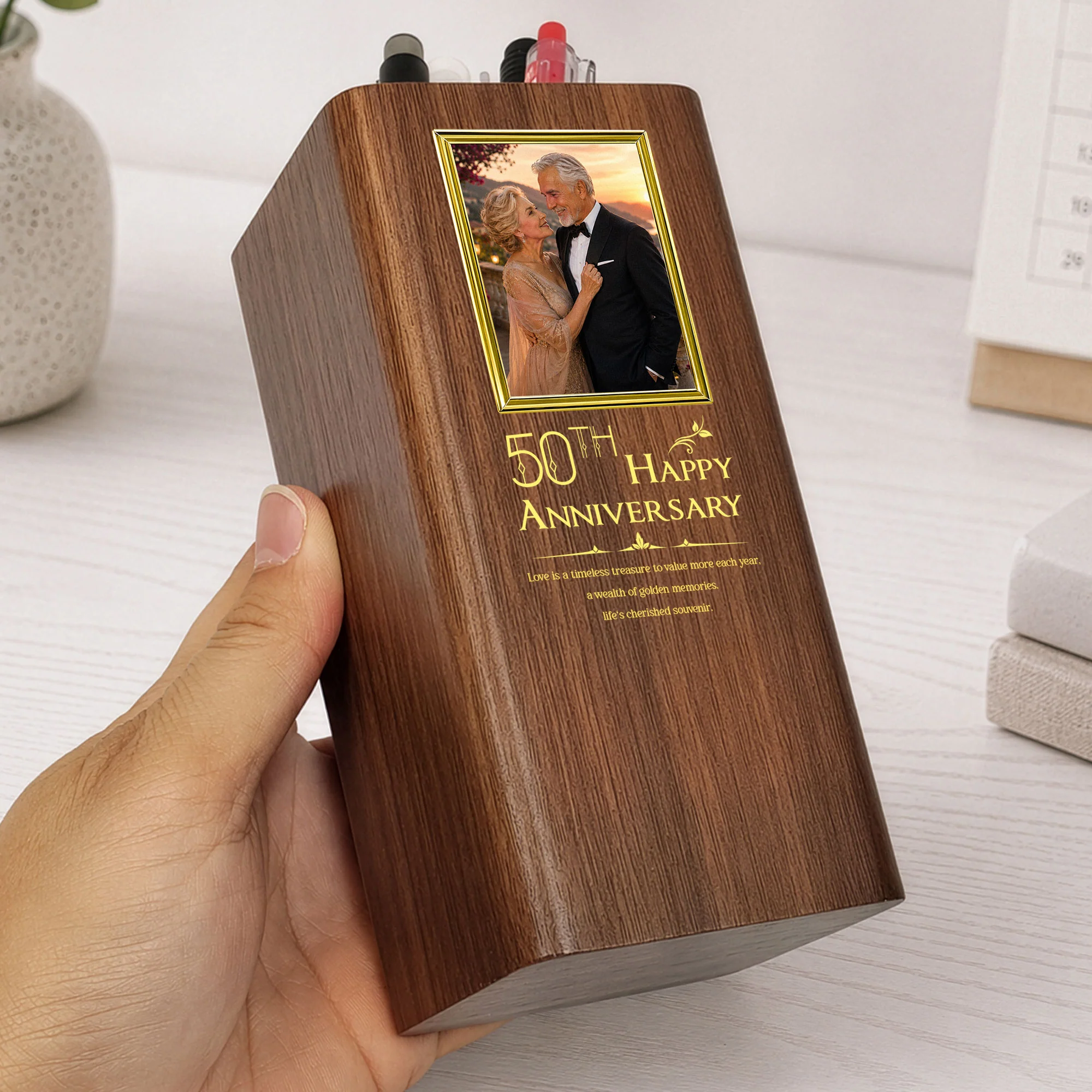 Custom Milestone Wedding Anniversary Clock Gifts For Parents, Couple - Personalized Pen Holder With Clock - Image 5