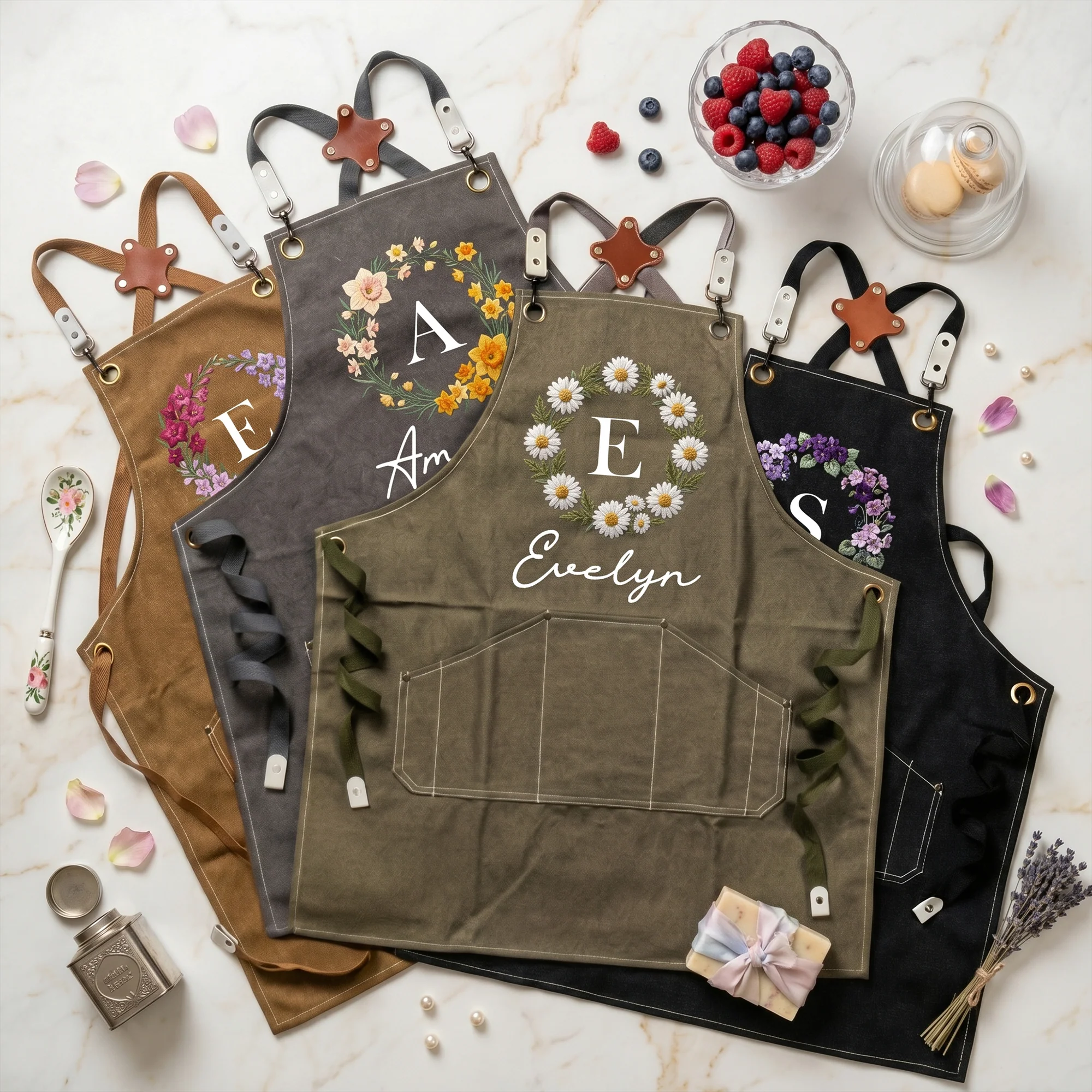 Custom Name And Birth Flower Faux Pattern - Personalized Apron