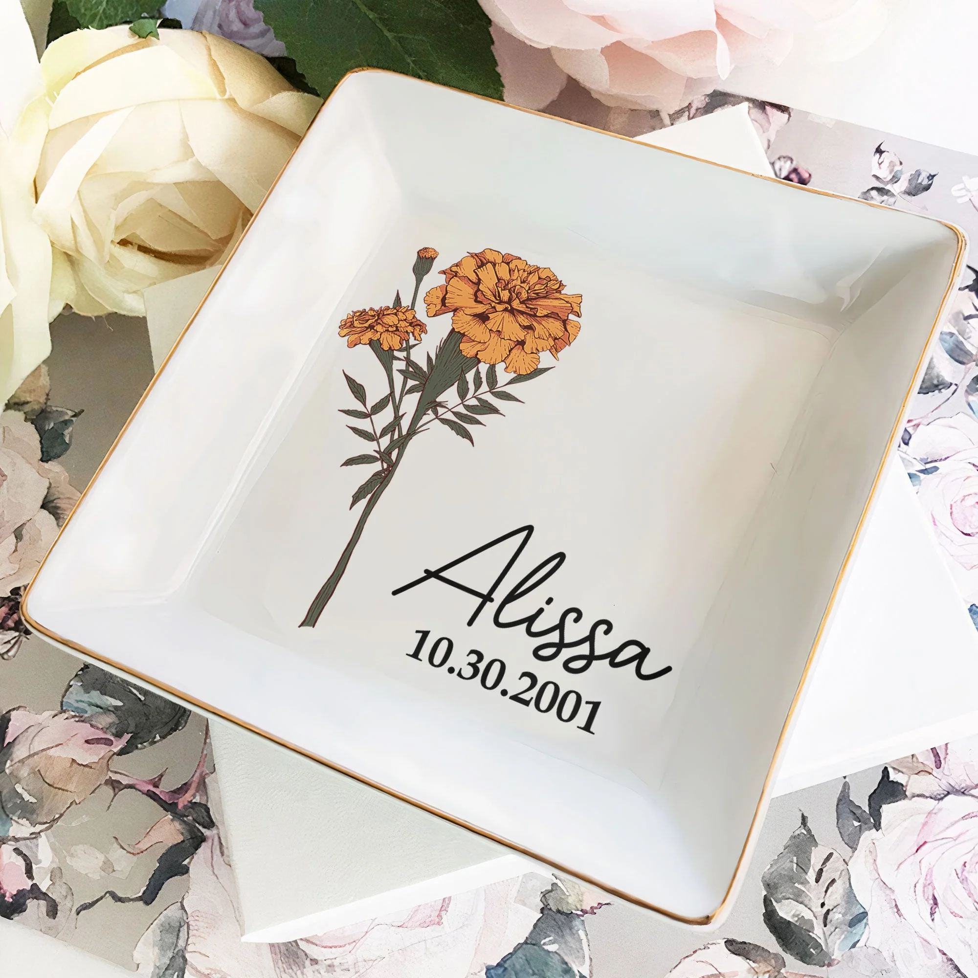 Custom Name And Birth Flower - Personalized Jewelry Dish - Image 2
