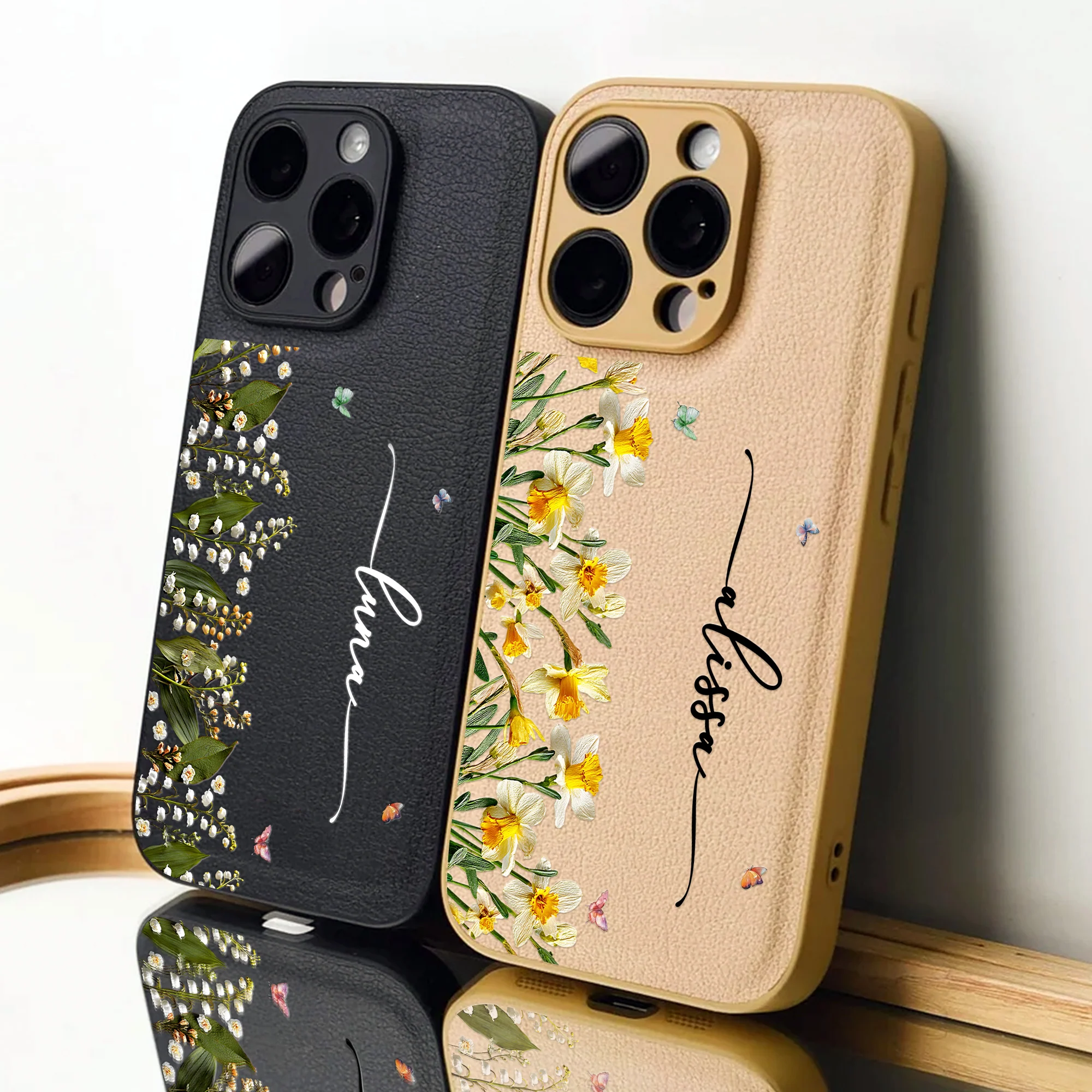 Custom Name Birth Flower For Her - Personalized Leather Phone Case - Image 5