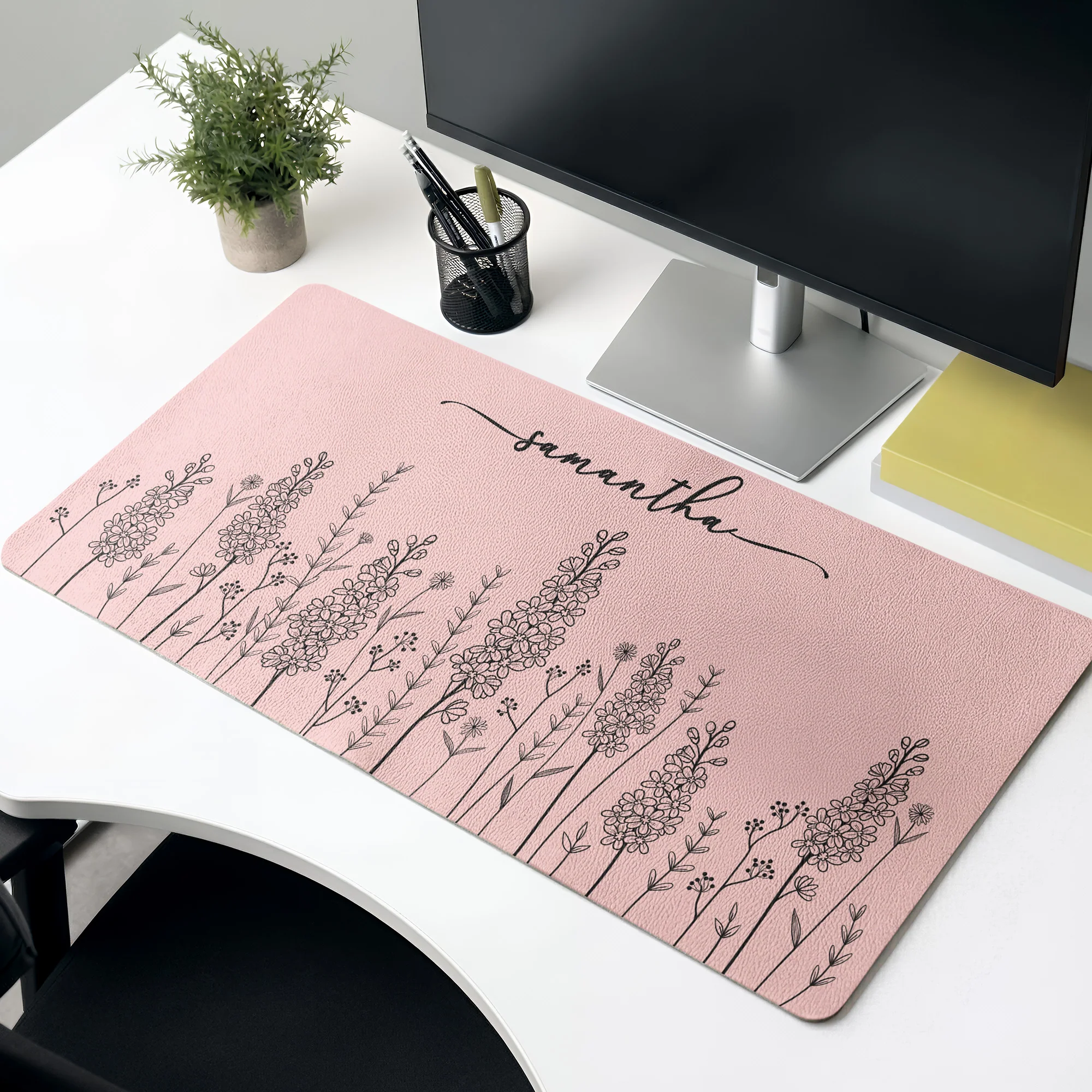 Custom Name Birth Flower Line Art Gift For Her, Friends, Sisters, Coworkers - Personalized Desk Mat - Image 2