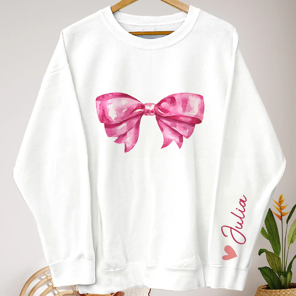 Custom Name Coquette Pink Bow Ribbon Trendy Style - Personalized Sweatshirt - Image 3