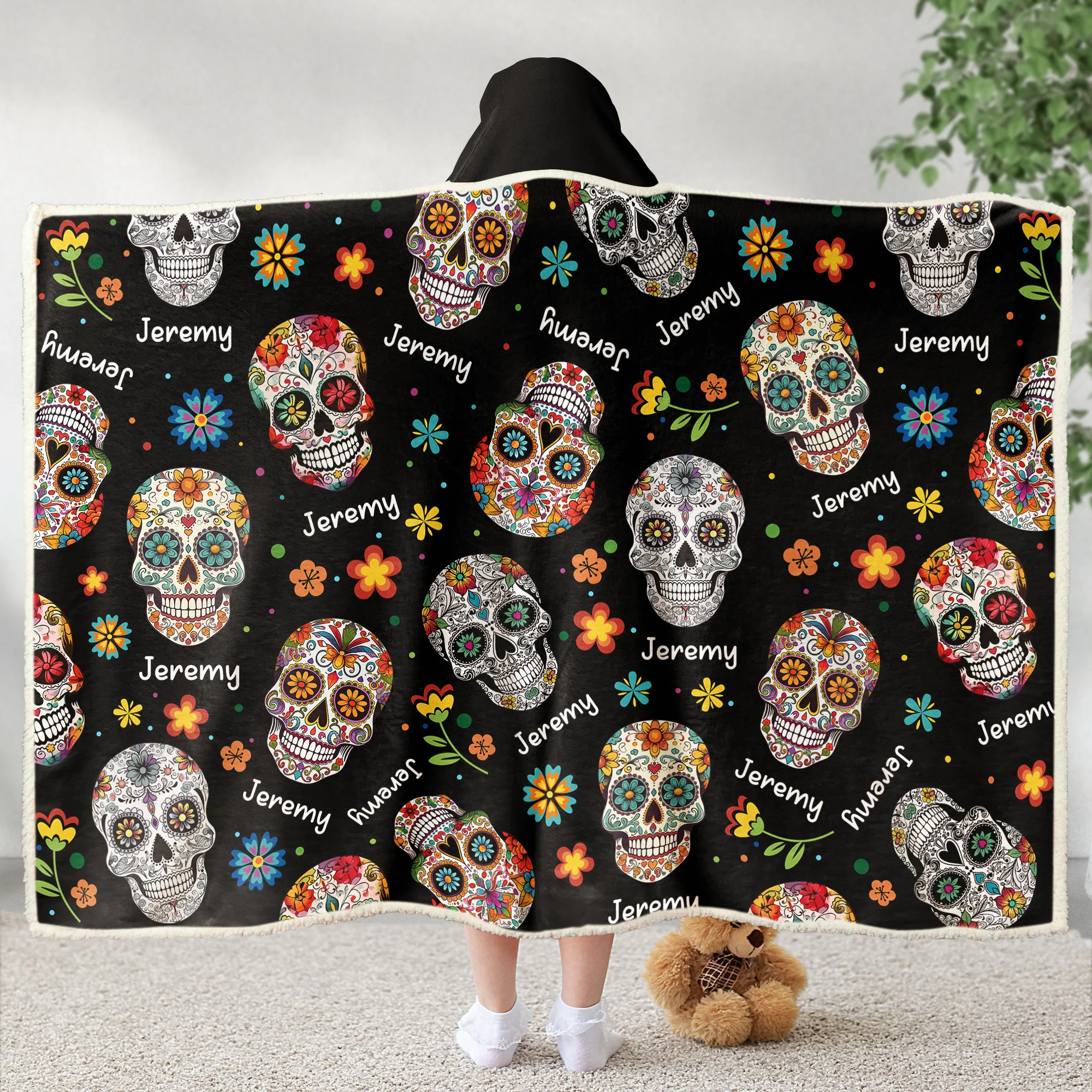 Custom Name Sugar Skulls Vintage Style - Personalized Wearable Blanket Hoodie - Image 5