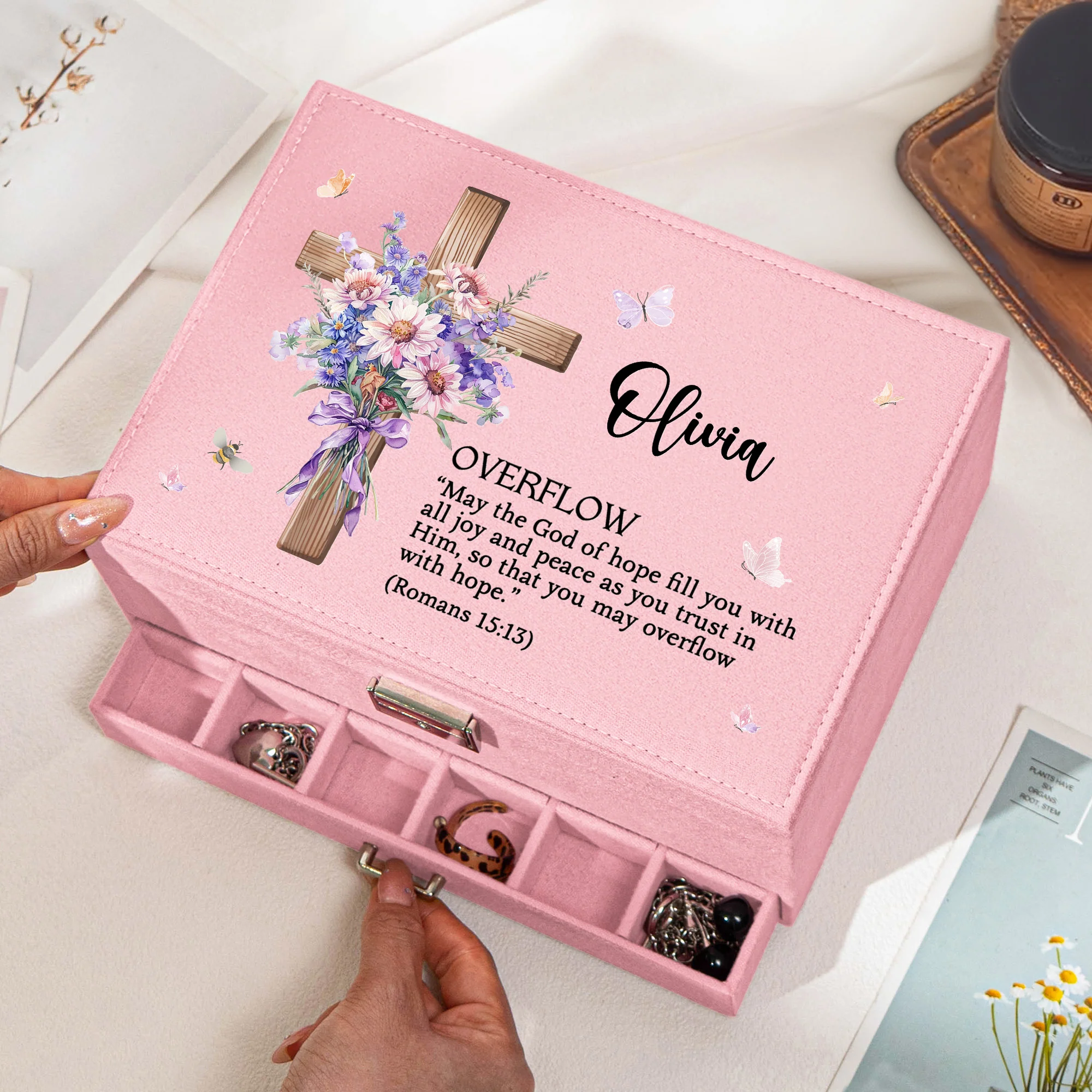 Custom Name With Matching Bible Verse Faith Gift - Personalized Large Jewelry Box - Image 2
