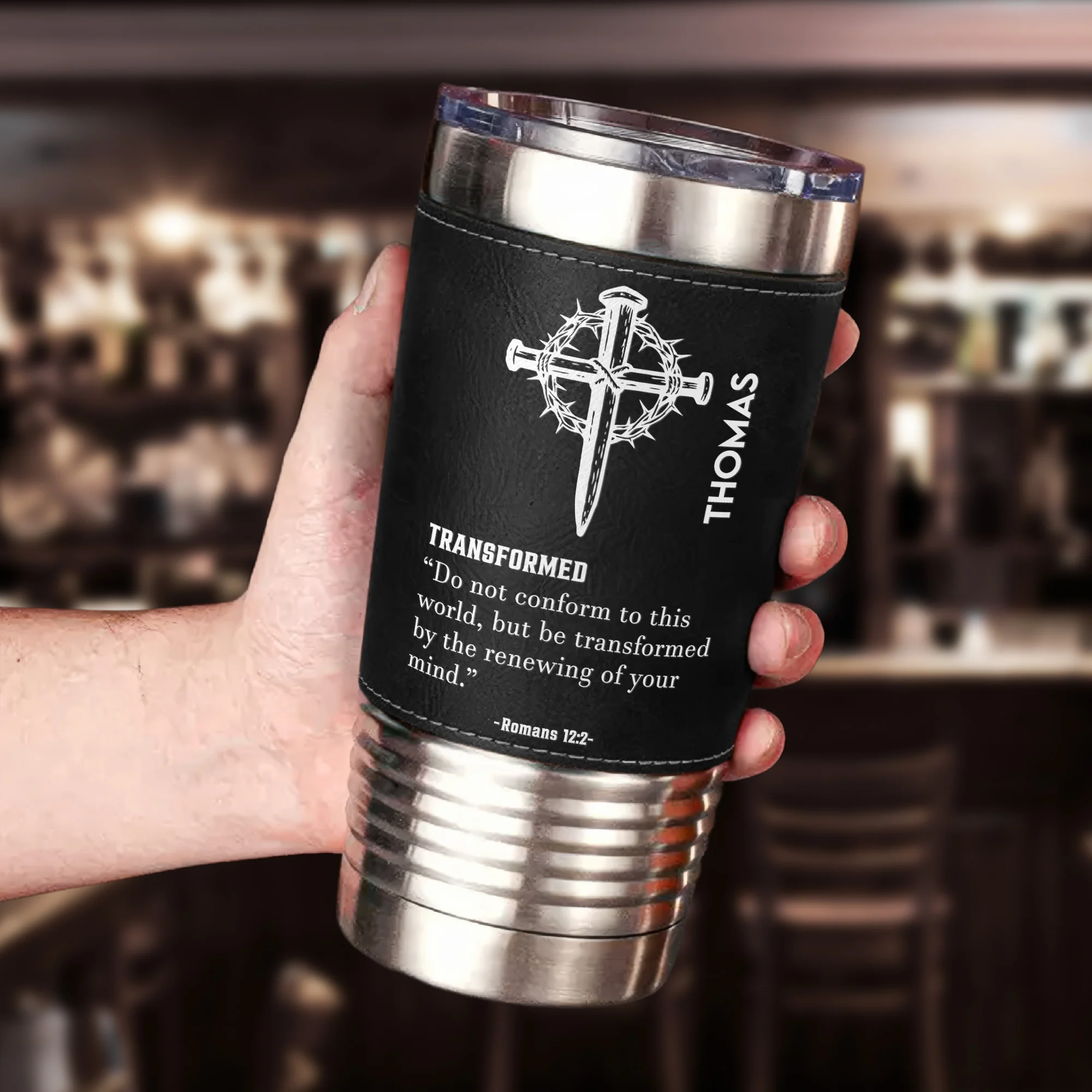 Custom Name With Matching Bible Verse Gift For Him - Personalized 20oz Leather Wrapped Tumbler - Image 4