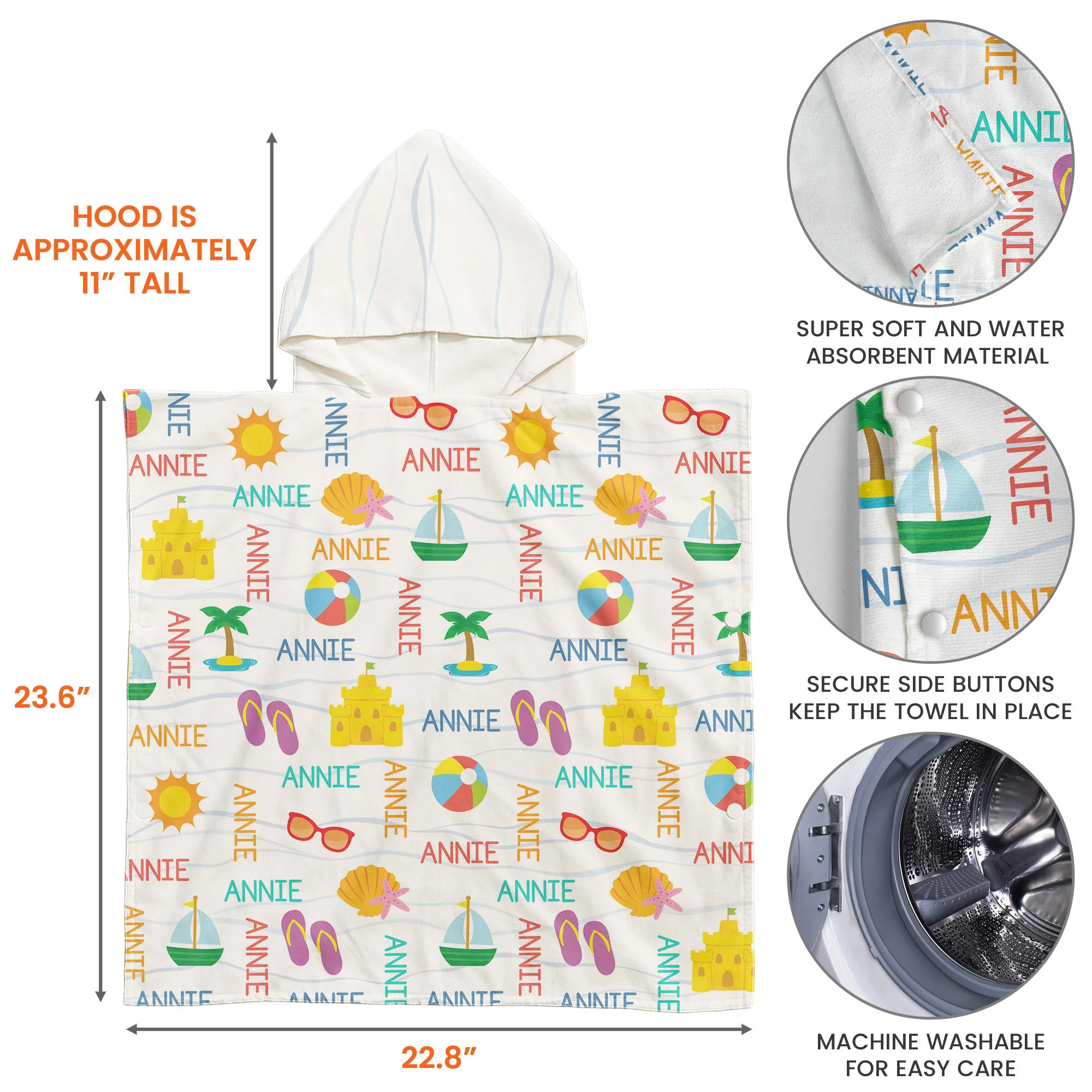 Custom Name With Summer And Beach Pattern - Personalized Kids Hooded Towel - Image 6