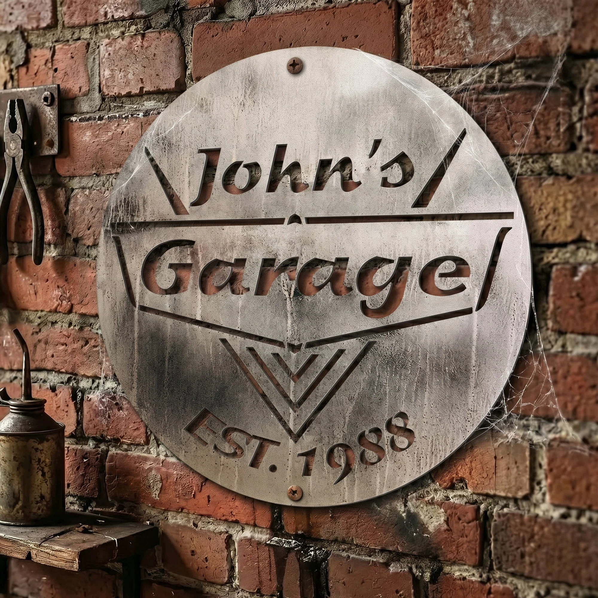 Custom Name & Year Garage Man Cave Steel Workshop Sign For Him - Personalized Metal Sign