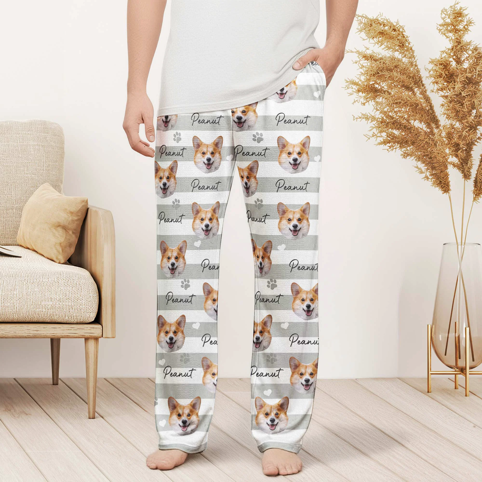 Custom Pet Face Striped Pattern Gift For Pet Lovers - Personalized Lounge Pants - Image 2
