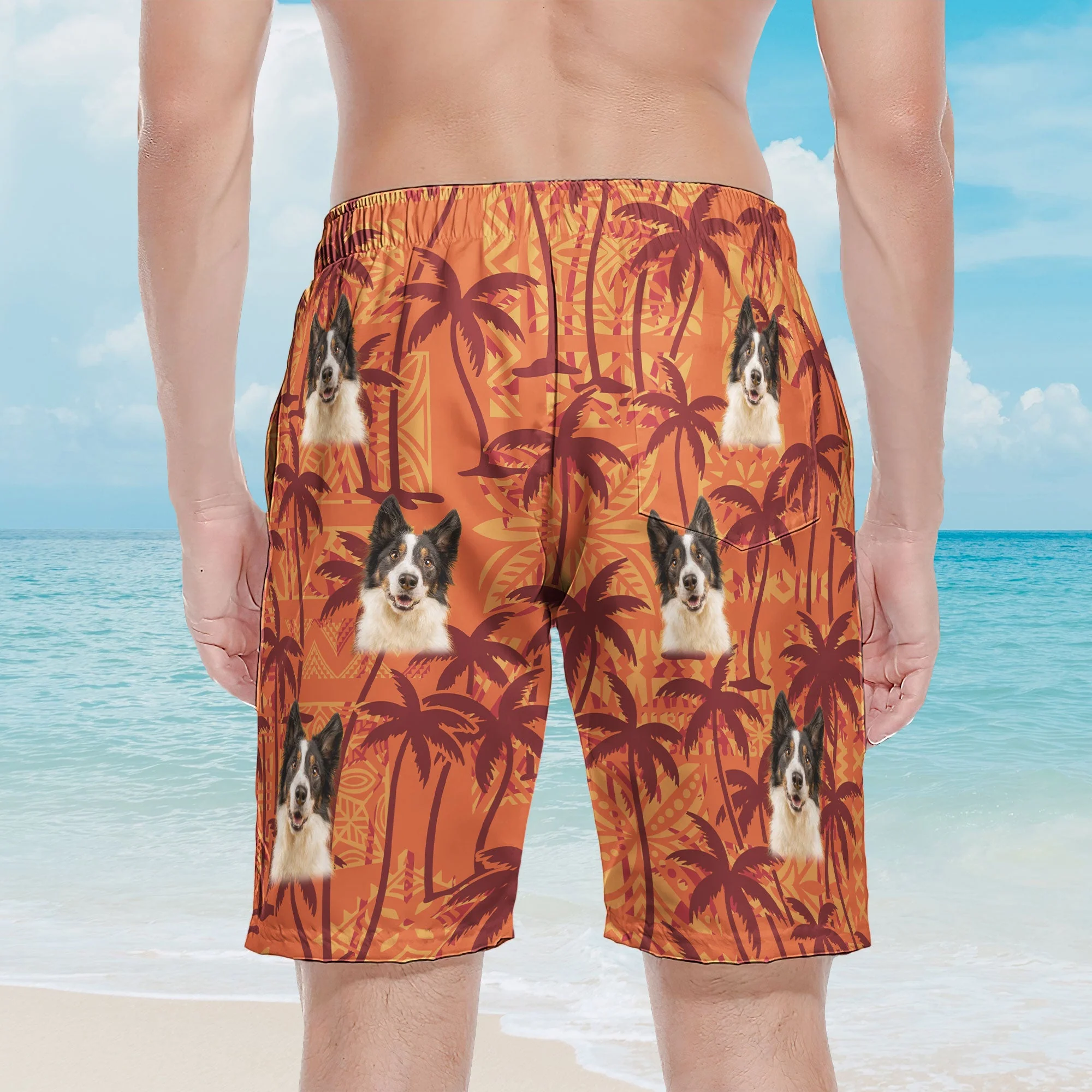 Custom Pet Funny Photo With Tropical Palm Trees - Personalized Photo Men's Beach Shorts - Image 2
