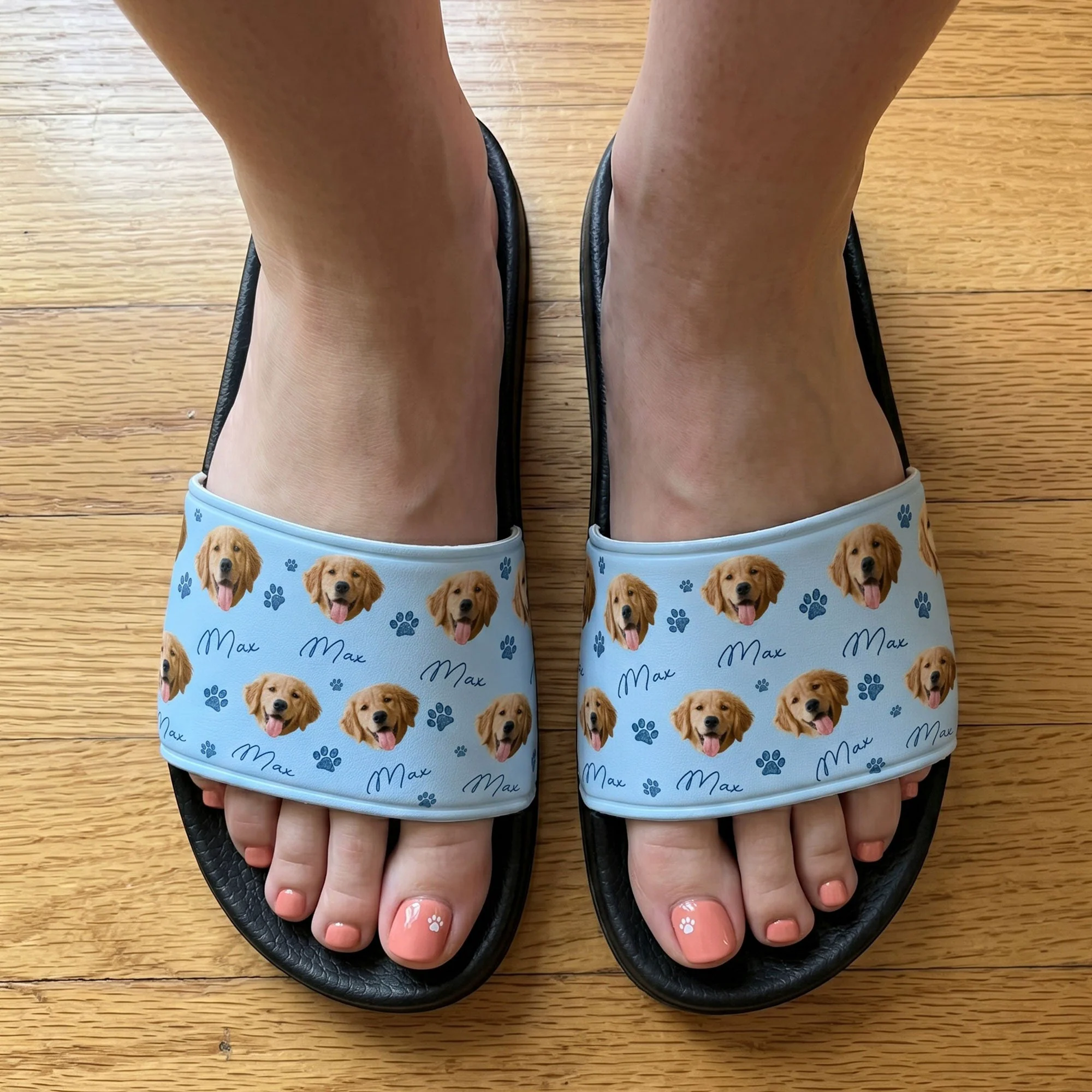 Custom Pet Photo With Name & Paw Print - Personalized Slide Sandals - Image 4