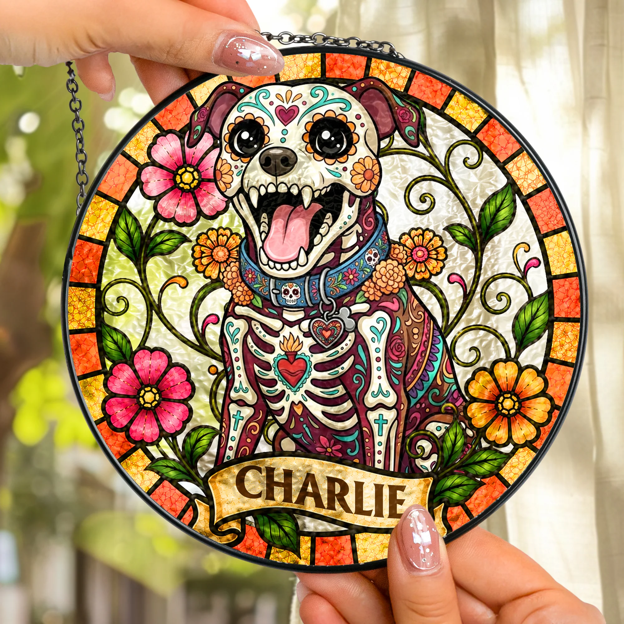 Custom Pet Portrait Day Of The Dead Style - Personalized Window Hanging Suncatcher - Image 4
