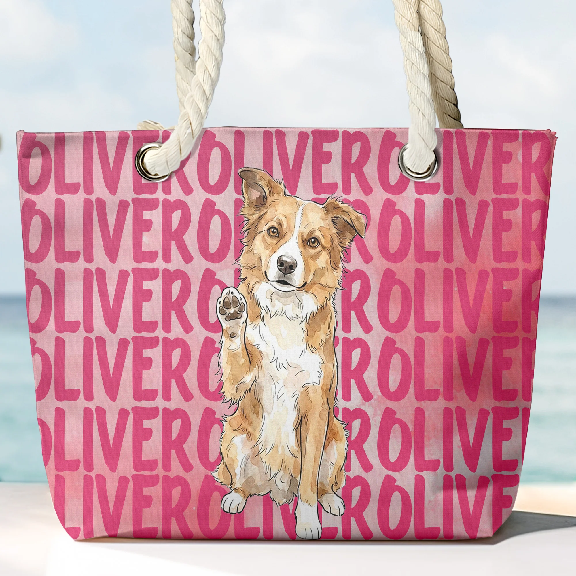 Custom Pet Portrait & Name Watercolor Style - Personalized Beach Bag - Image 2