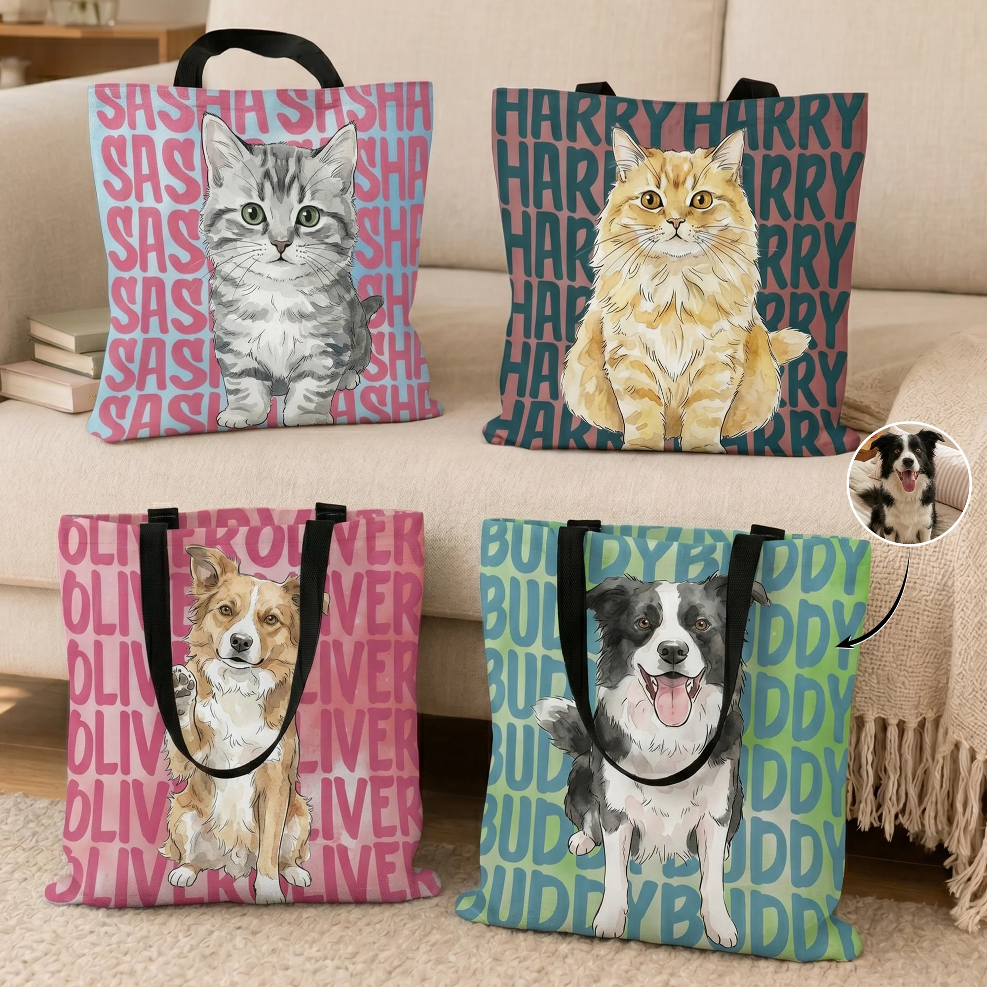 Custom Pet Portrait & Name Watercolor Style - Personalized Tote Bag