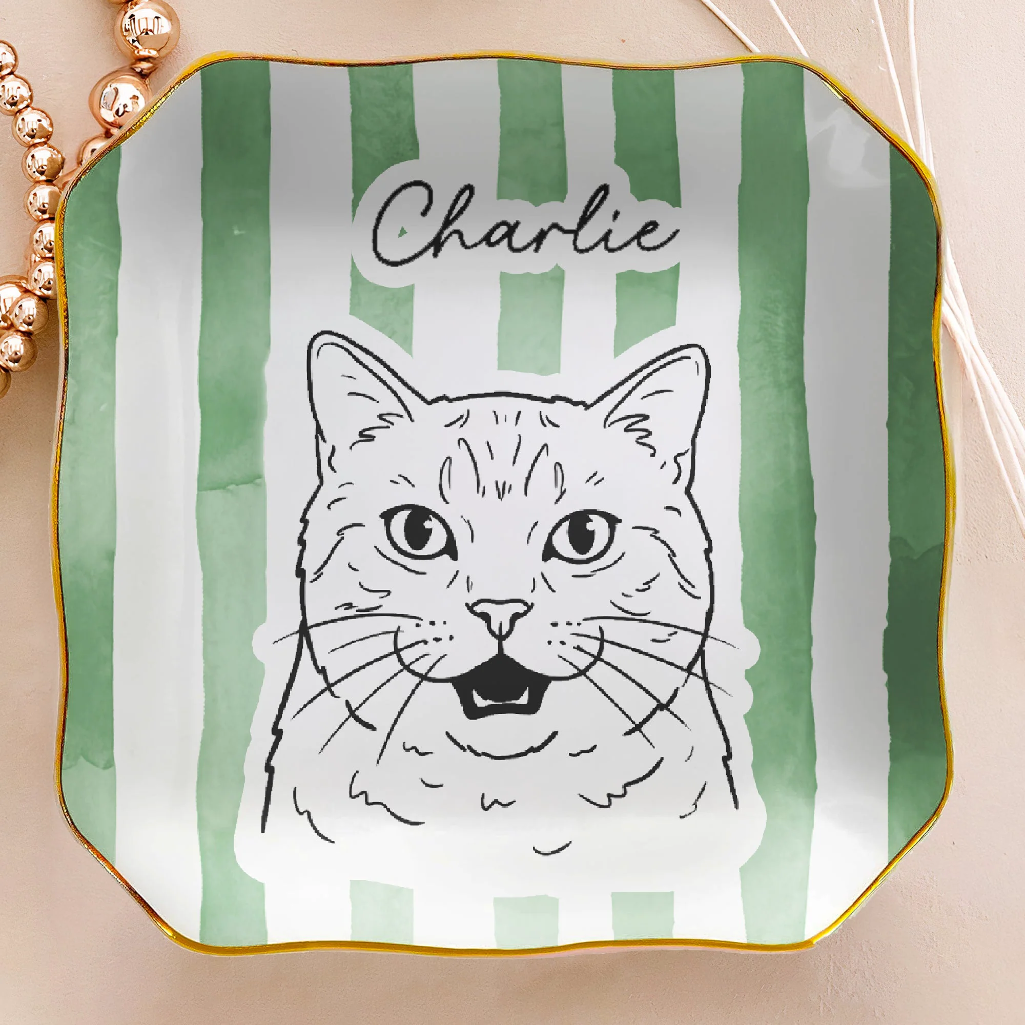 Custom Pet Portrait Sketch Line Art Striped Pattern - Personalized Jewelry Dish - Image 4