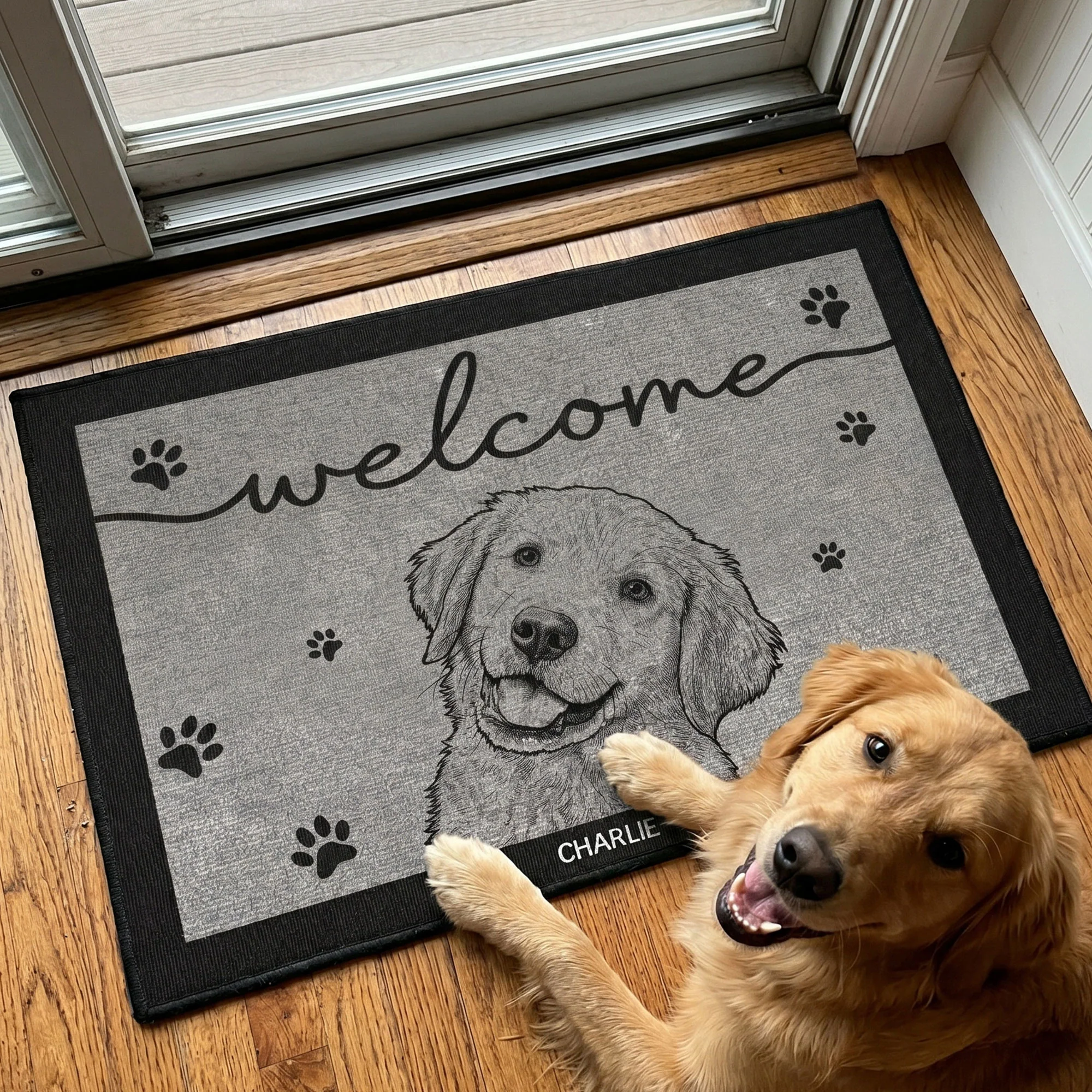 Custom Pet Portrait Sketch Line Art Welcome Home - Personalized Doormat