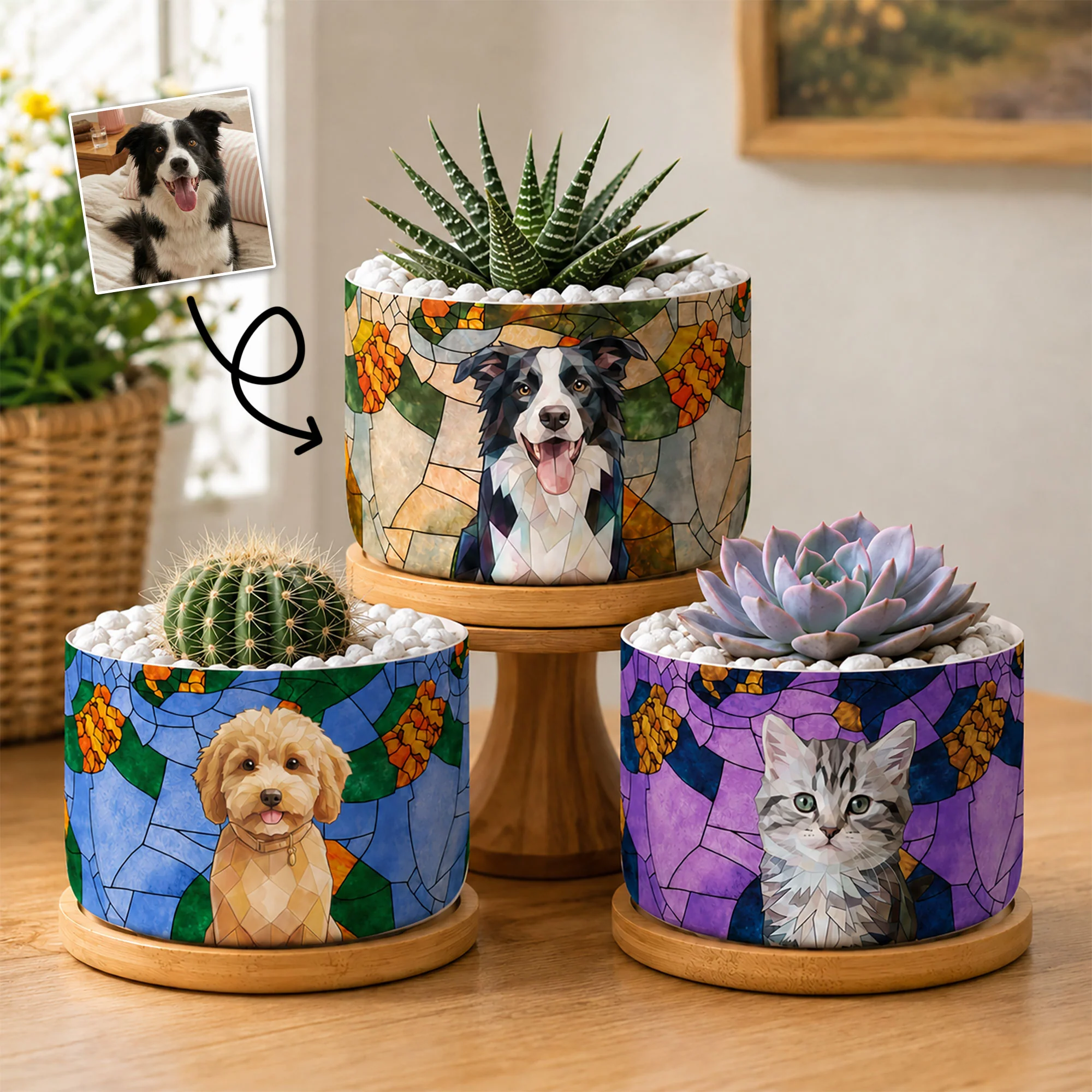 Custom Pet Portrait Stained Glass Style Gift For Pet Owners - Personalized Plant Pot