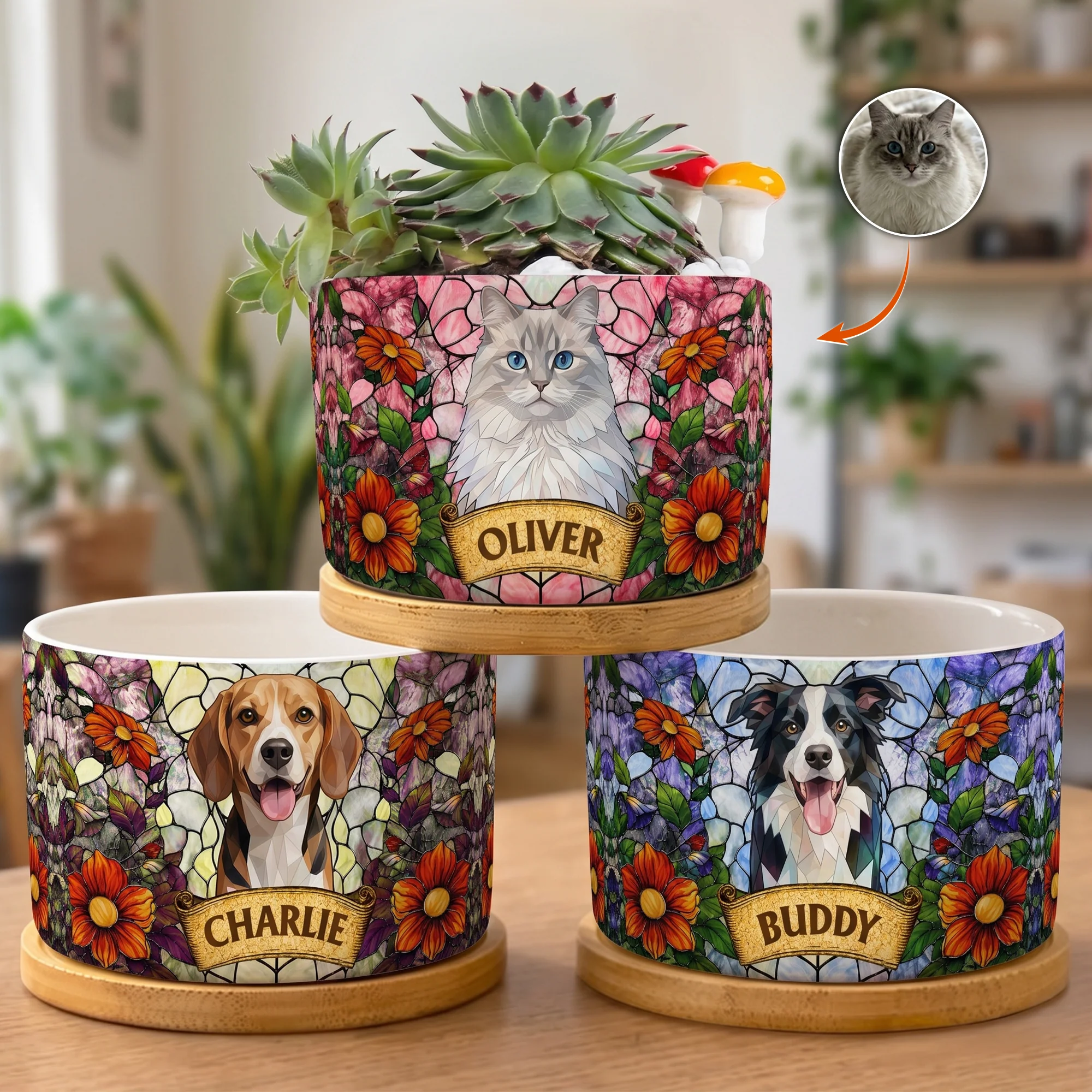 Custom Pet Portrait Stained Glass Style Pet Loss Gift For Pet Owners - Personalized Plant Pot