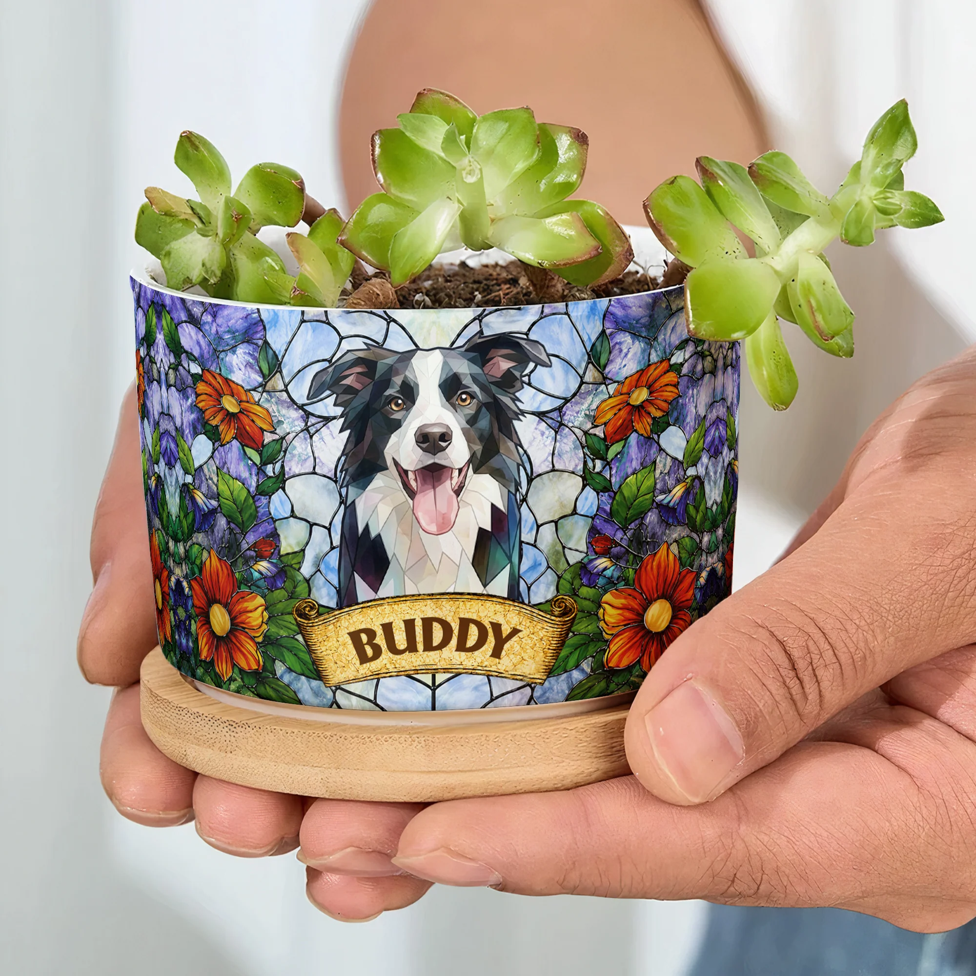 Custom Pet Portrait Stained Glass Style Pet Loss Gift For Pet Owners - Personalized Plant Pot - Image 6