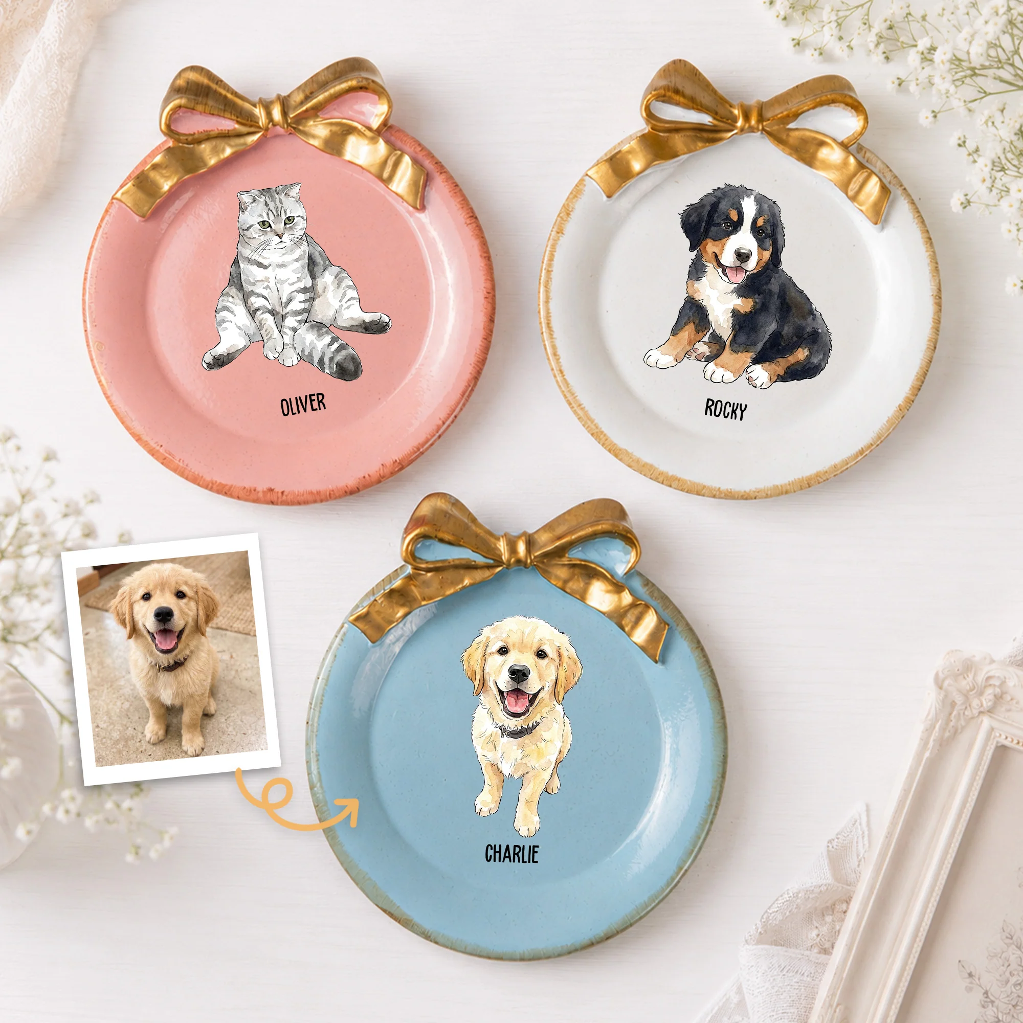 Custom Pet Portrait Watercolor Ring Dish With Bow - Personalized Jewelry Dish