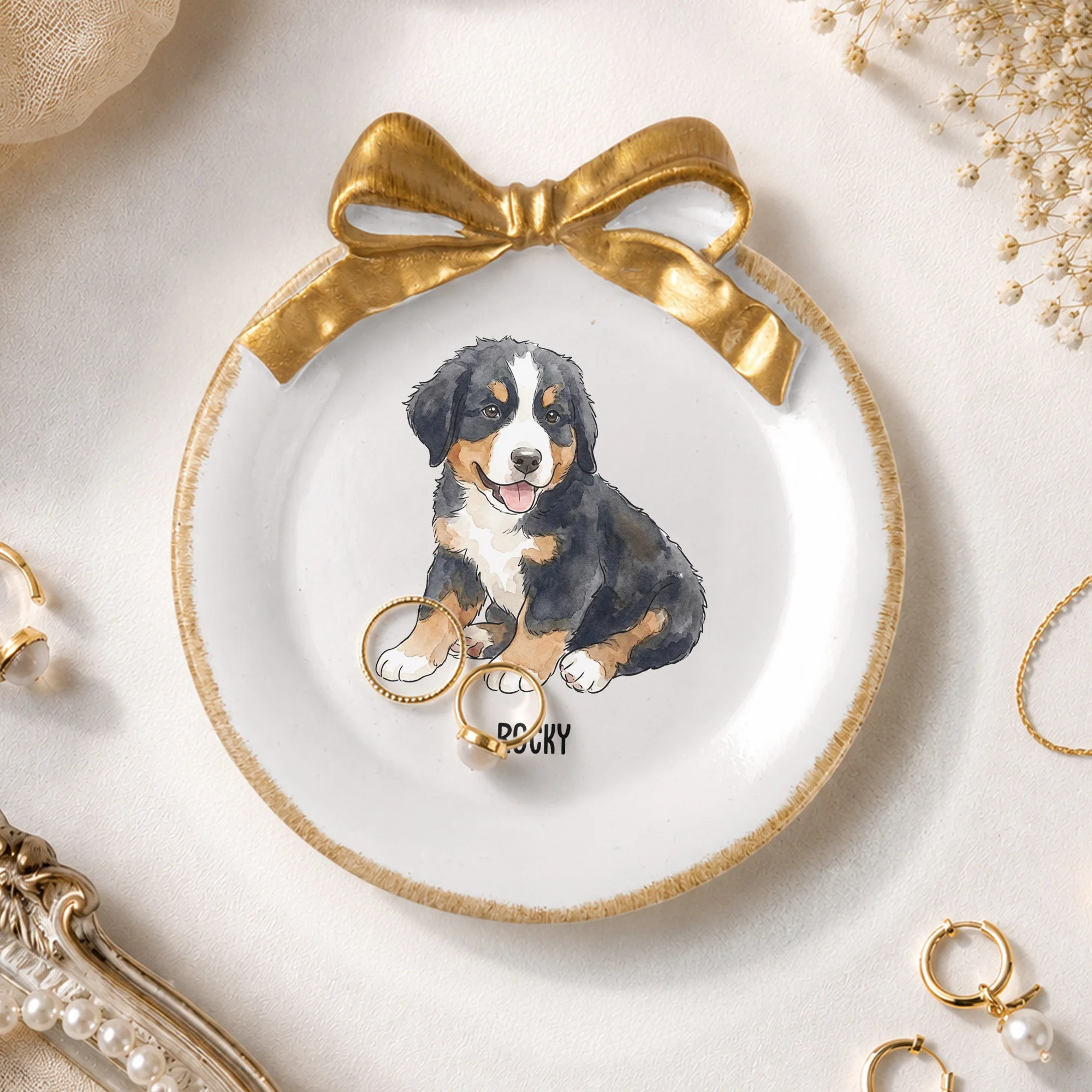 Custom Pet Portrait Watercolor Ring Dish With Bow - Personalized Jewelry Dish - Image 2
