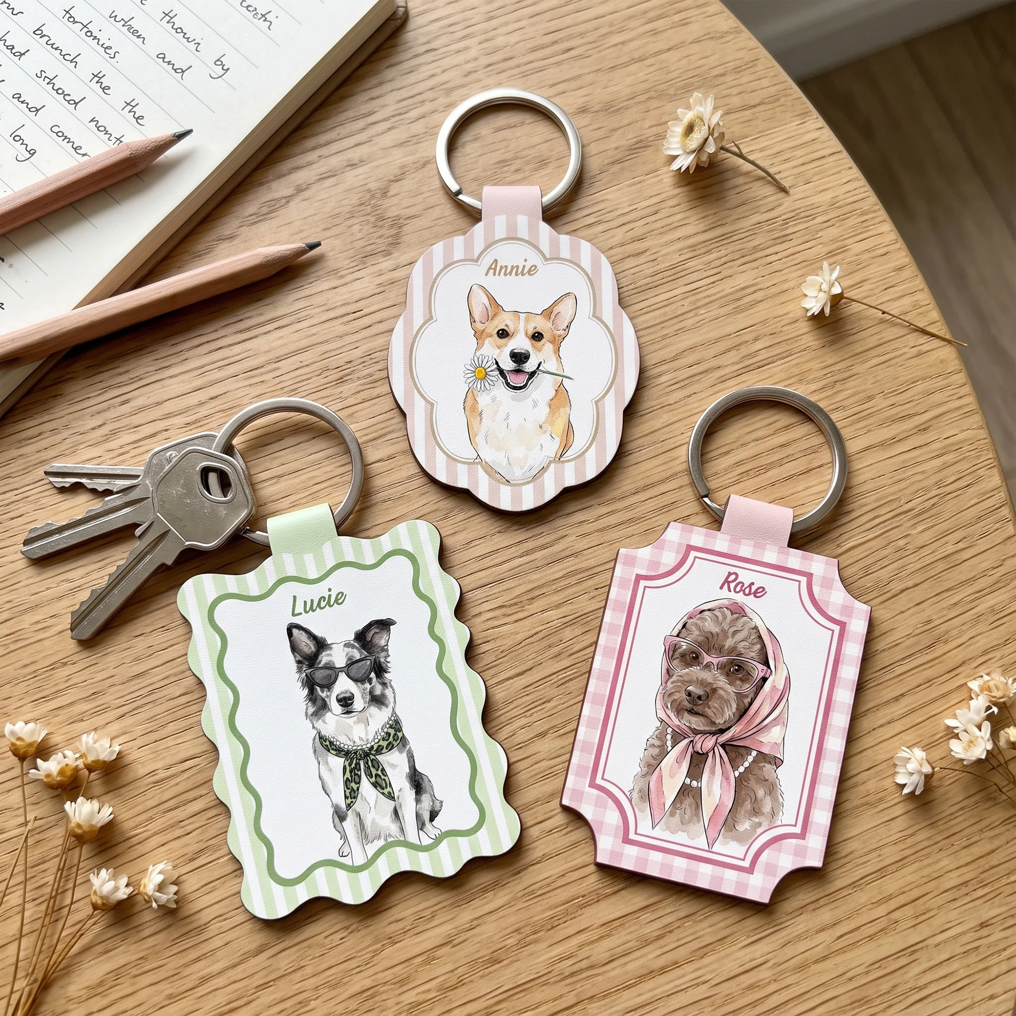 Custom Pet Portrait Watercolor Striped Pattern Gift For Pet Lovers, Dog Mom, Cat Mom - Personalized Keychain - Image 2