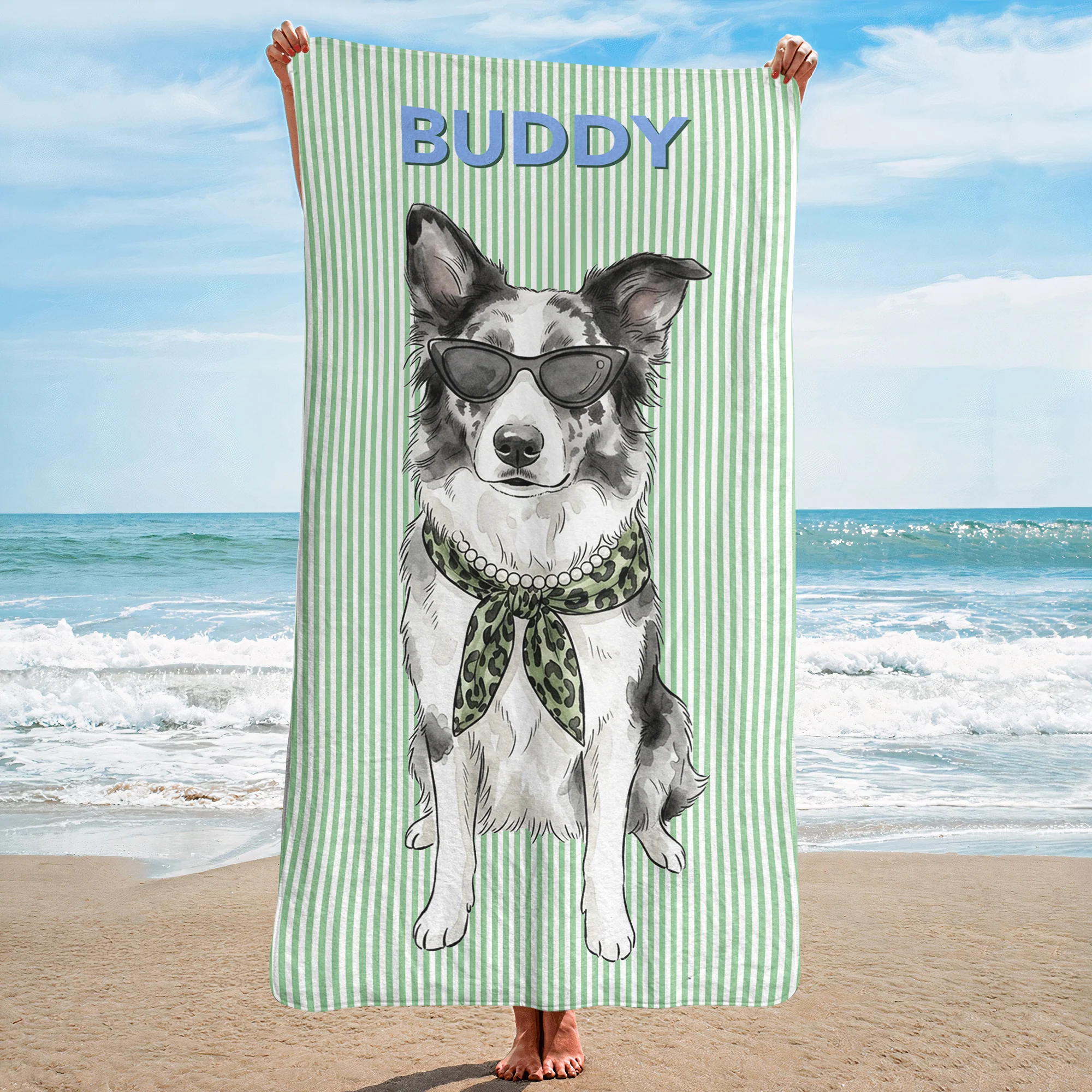 Custom Pet Portrait Watercolor Striped Pattern Summer Gifts For Pet Lovers - Personalized Beach Towel - Image 2