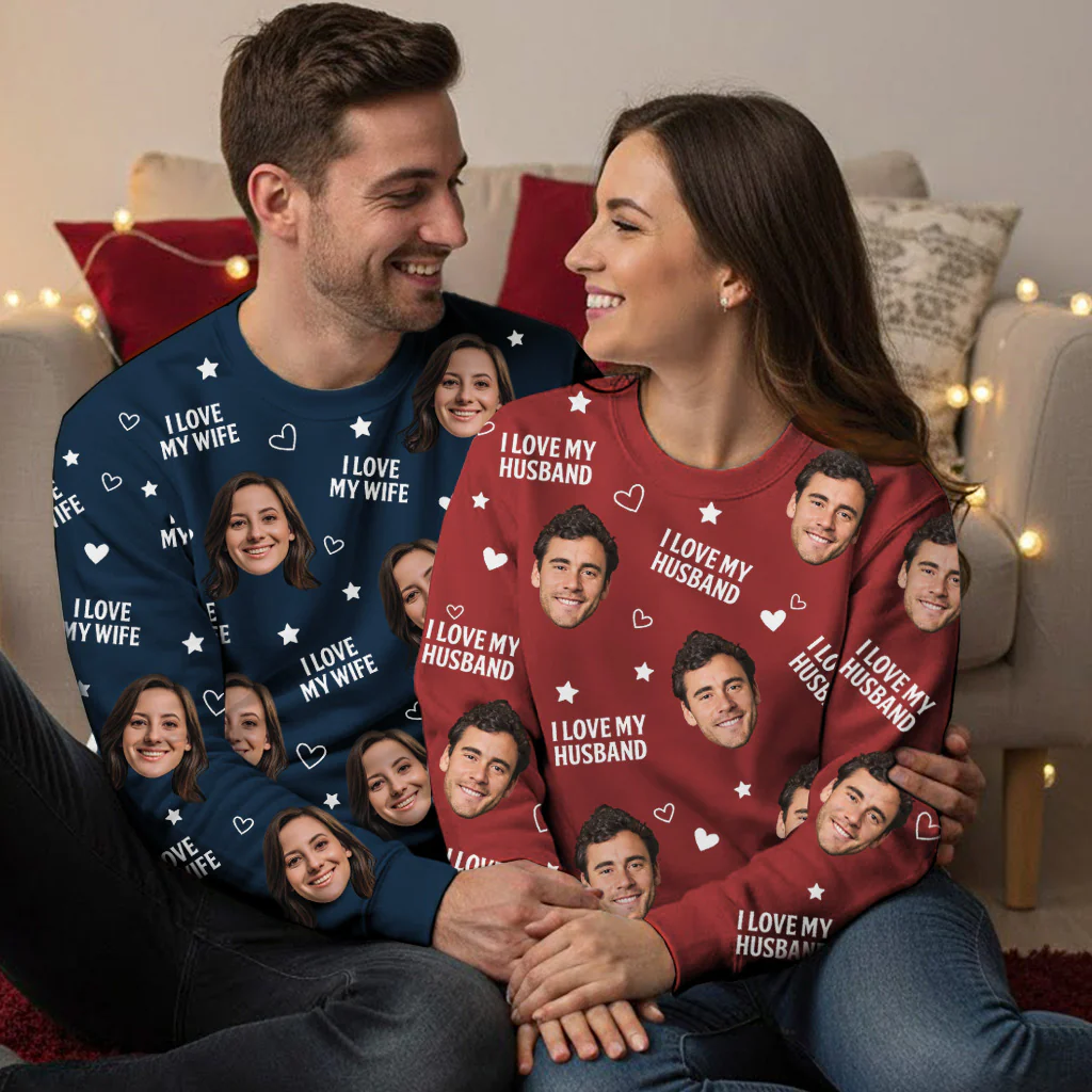 Custom Photo Funny Face I Love My Lover - Personalized Matching Photo Sweater - Image 2