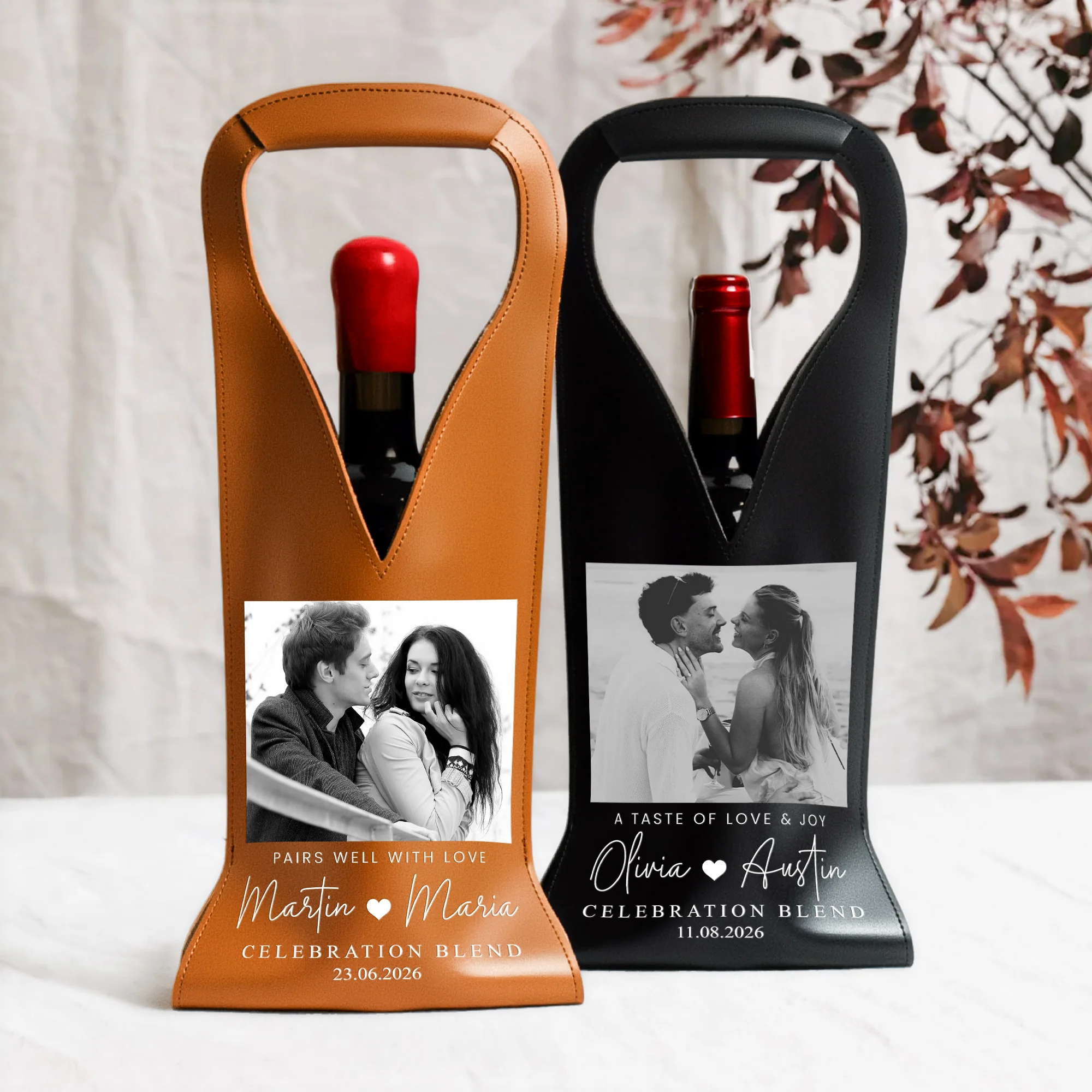 Custom Photo & Name, Date Gifts For Couples, Anniversaries, Wedding - Personalized Leather Wine Bag - Image 2