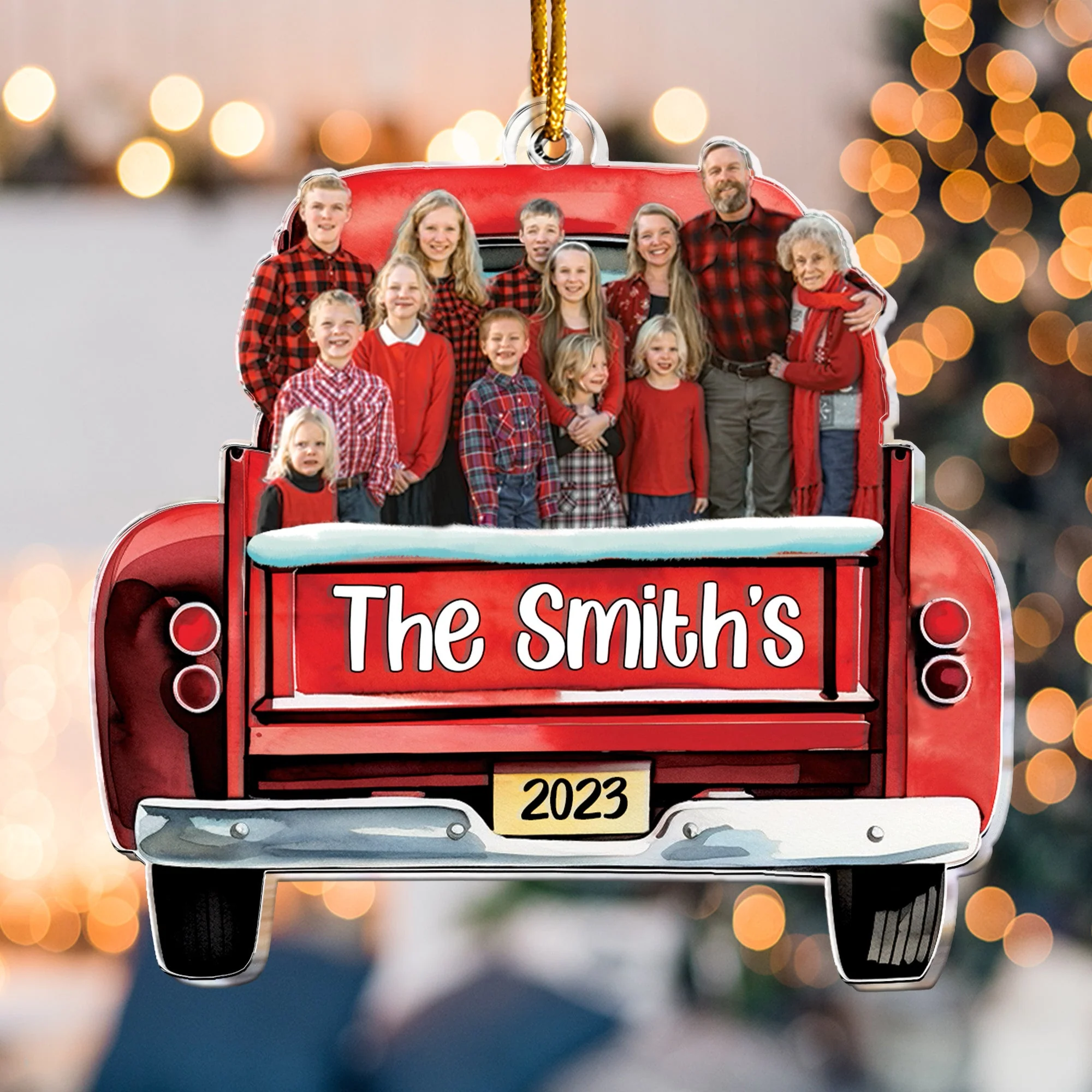 Custom Photo Red Truck Christmas Family - Personalized Acrylic Photo Ornament - Image 2