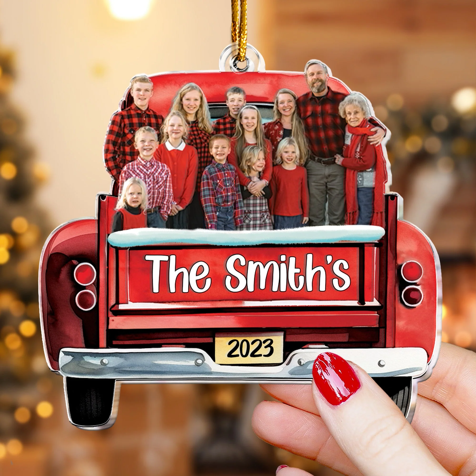 Custom Photo Red Truck Christmas Family - Personalized Acrylic Photo Ornament - Image 4