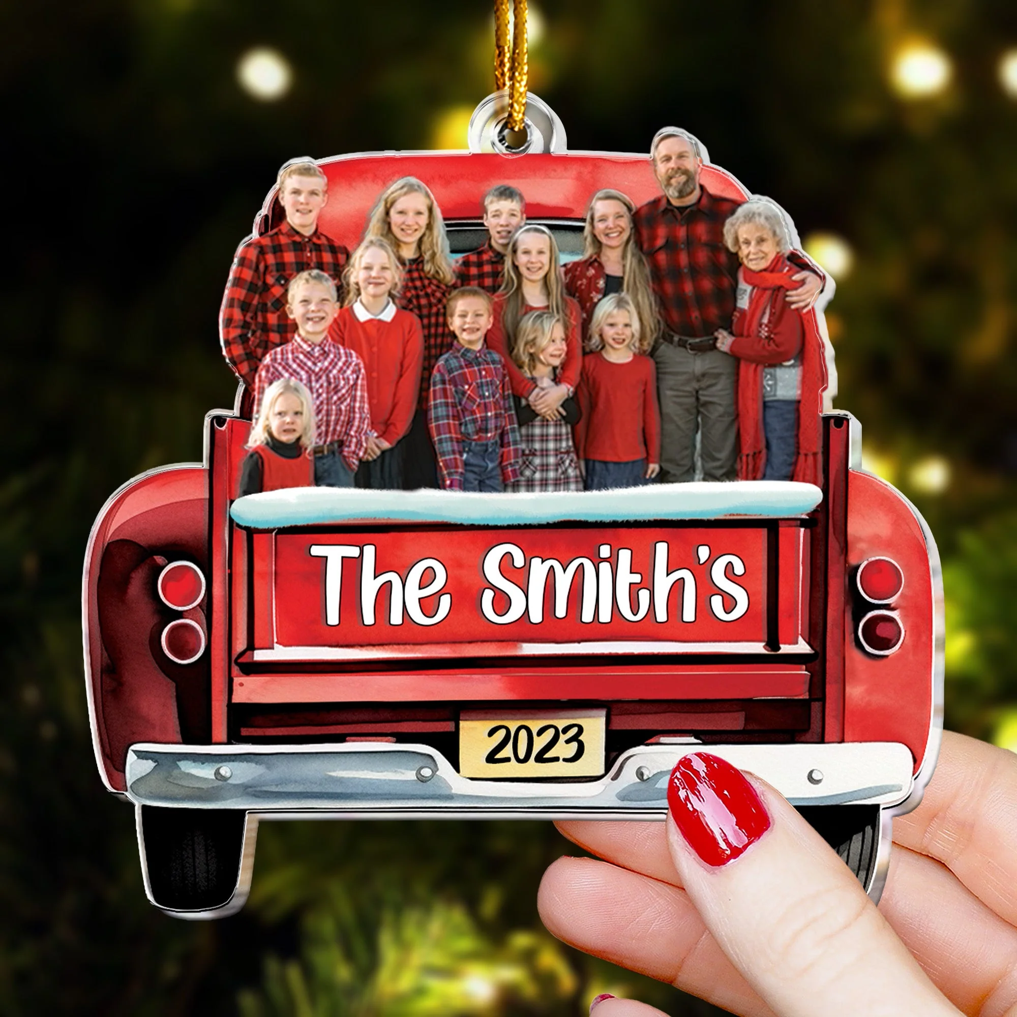 Custom Photo Red Truck Christmas Family - Personalized Acrylic Photo Ornament - Image 5