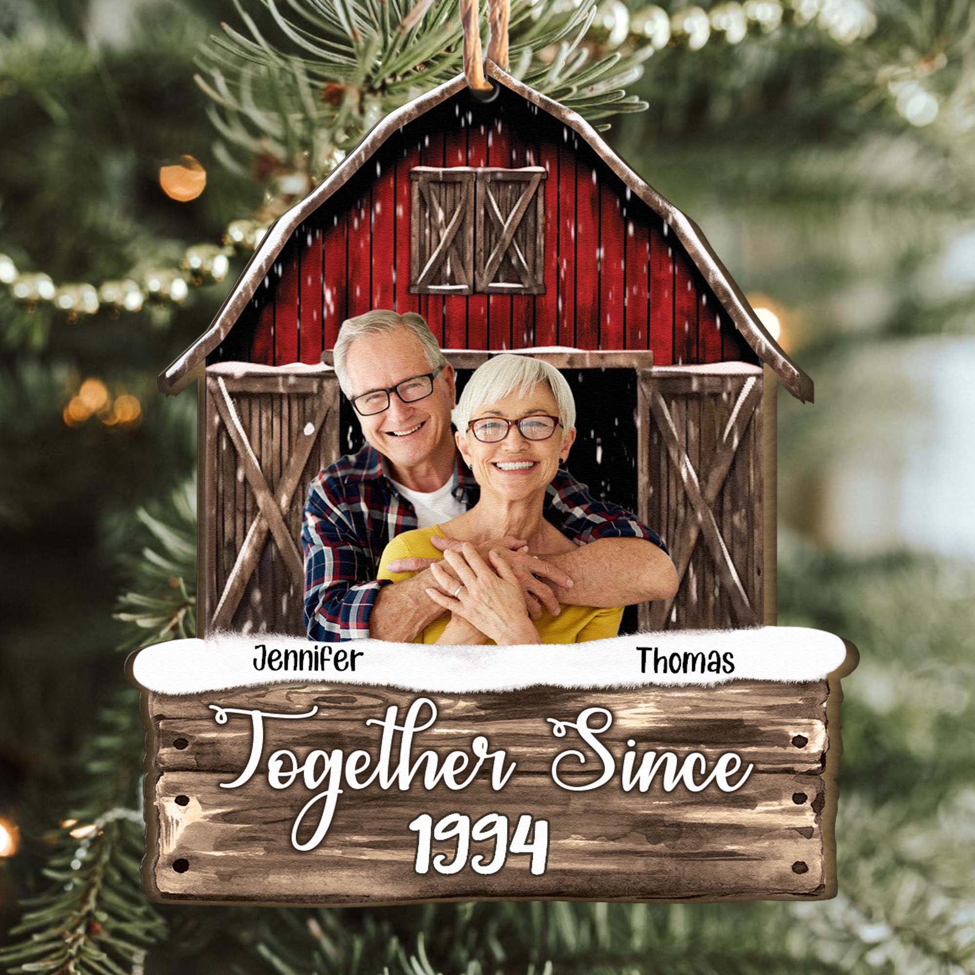 Custom Photo Together Since Couples Red Barn - Personalized Wooden Photo Ornament - Vintage Ornament - Image 2