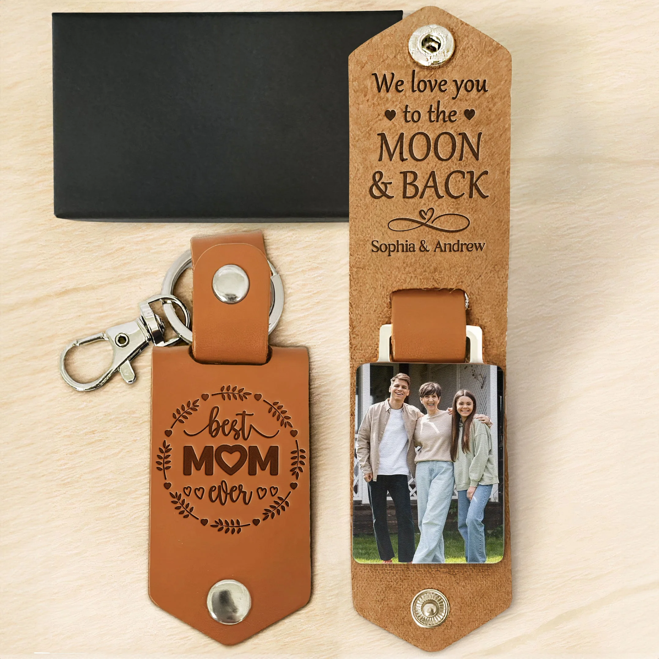 Custom Photo We Love You To The Moon And Back - Personalized Leather Photo Keychain - Image 4