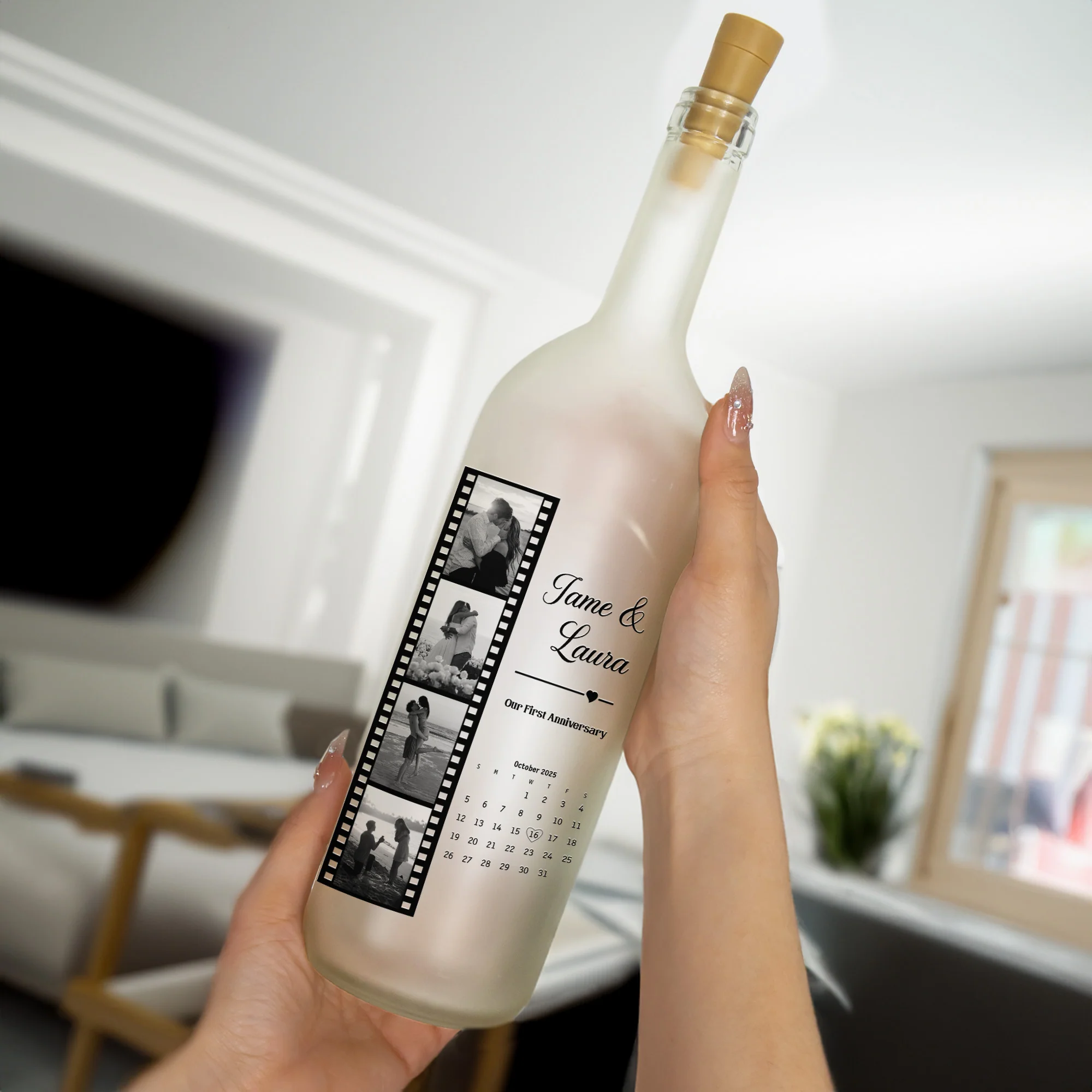 Custom Vintage Couple Photos Strip & Special Date Calendar Anniversary - Personalized Bottle Lamp - Image 2