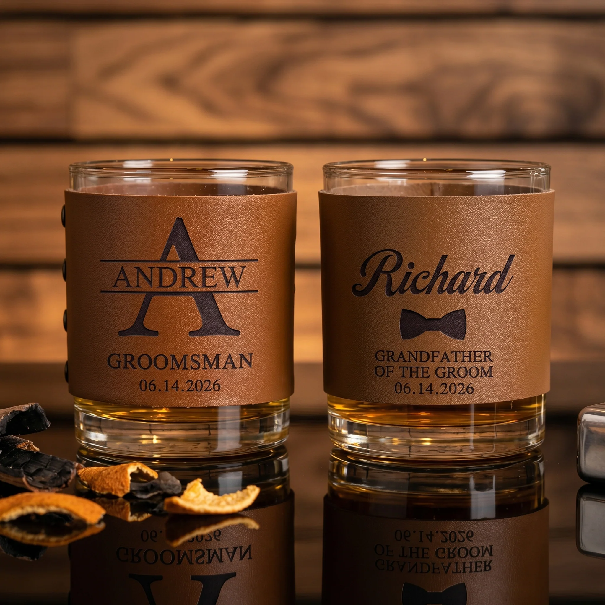 Custom Vintage Initial Name & Date For Best Man, Groomsmen, Groom Wedding Gifts Leather - Personalized Whiskey Glass