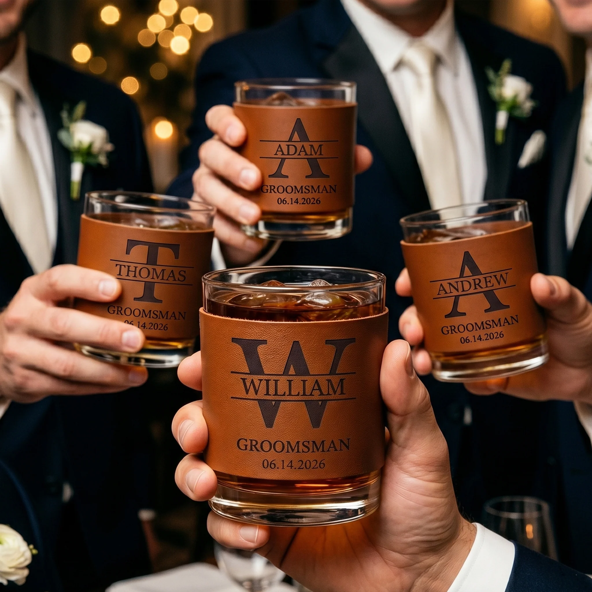 Custom Vintage Initial Name & Date For Best Man, Groomsmen, Groom Wedding Gifts Leather - Personalized Whiskey Glass - Image 2
