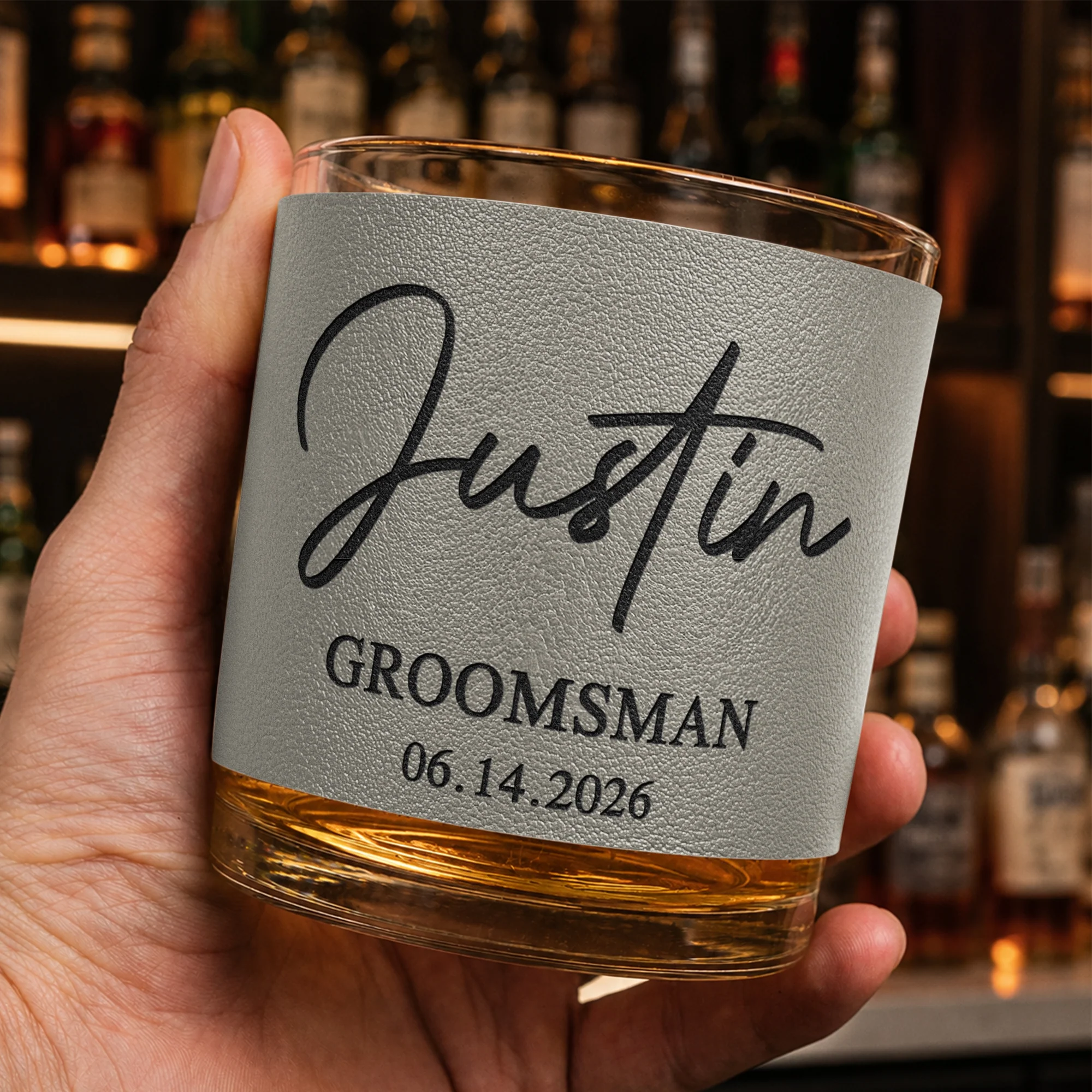 Custom Vintage Initial Name & Date For Best Man, Groomsmen, Groom Wedding Gifts Leather - Personalized Whiskey Glass - Image 3