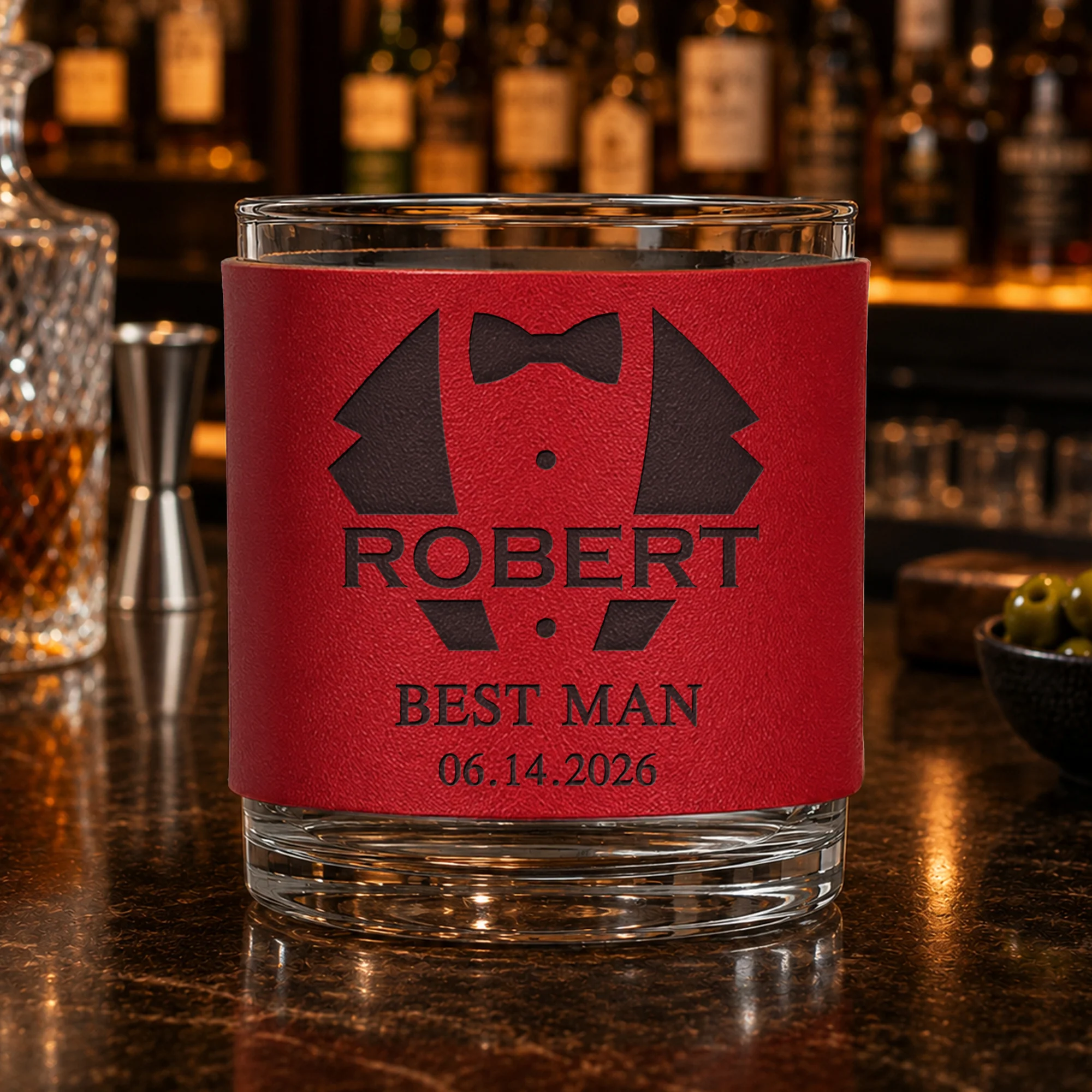 Custom Vintage Initial Name & Date For Best Man, Groomsmen, Groom Wedding Gifts Leather - Personalized Whiskey Glass - Image 5