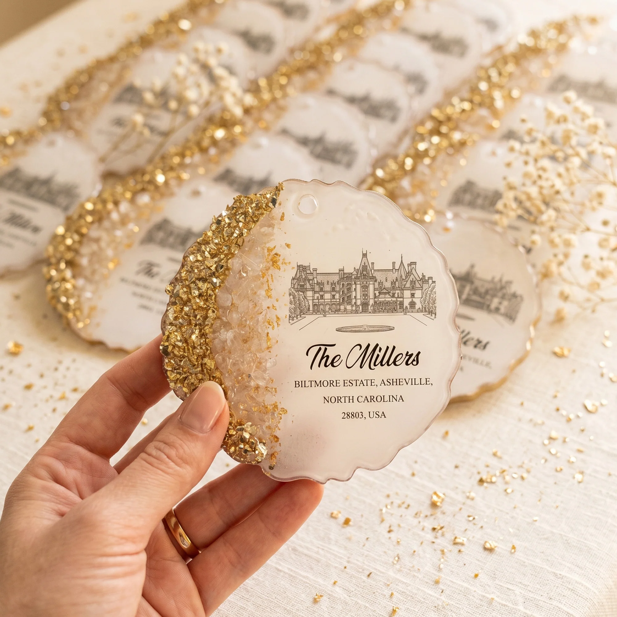 Custom Wedding Venue Photo, Toile Illustrated Venue Favors Guest Gifts - Personalized Resin Ornament - Image 4