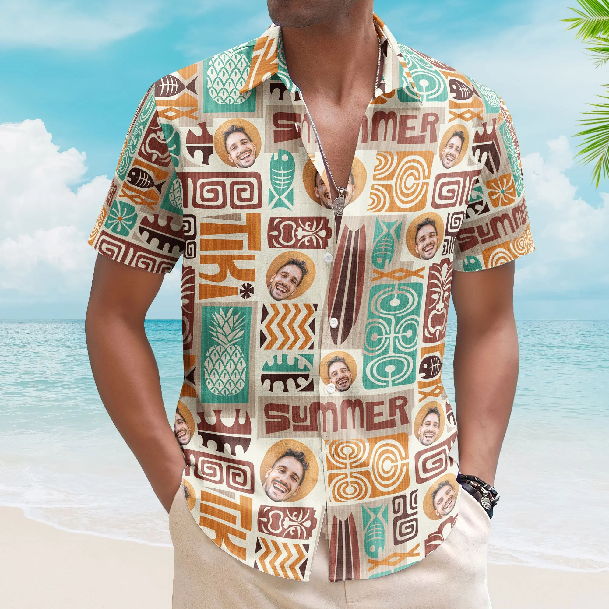 Customize Face With Exotic Tiki Pattern - Custom Photo Hawaiian Shirts