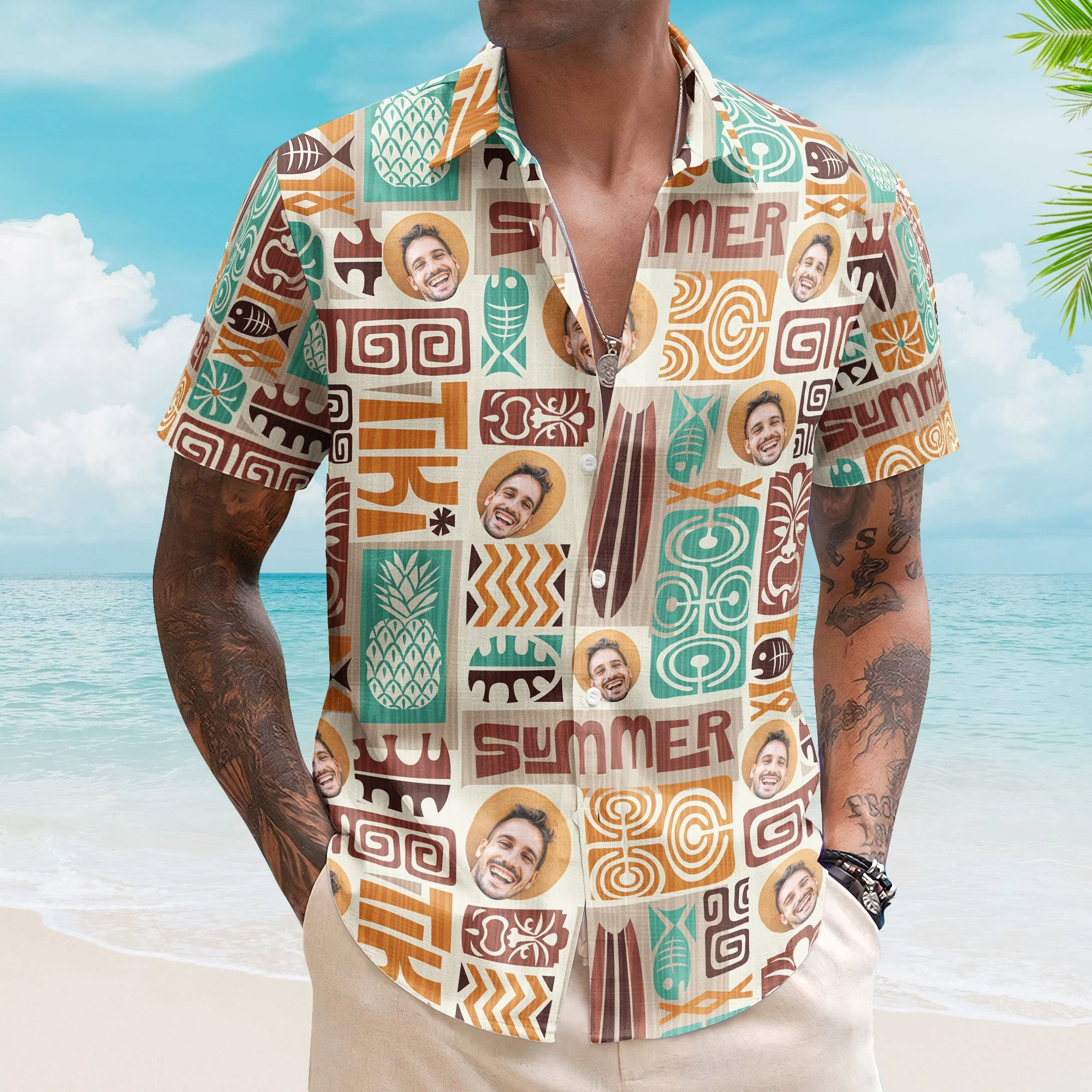 Customize Face With Exotic Tiki Pattern - Custom Photo Hawaiian Shirts - Image 5