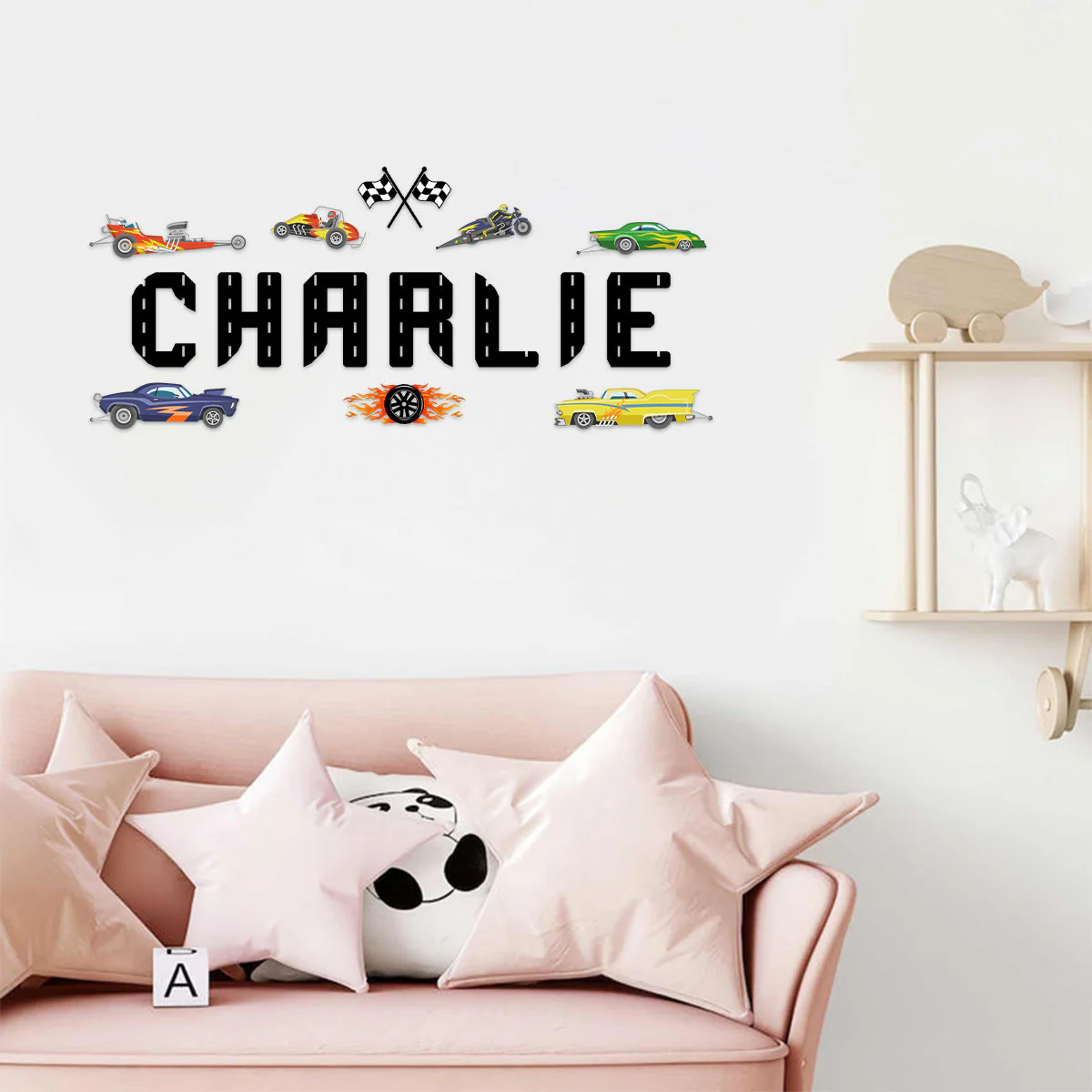 Customizing Name Hot Racing Car And Fire Wheel Wall Decals - Personalized Decal - Image 2