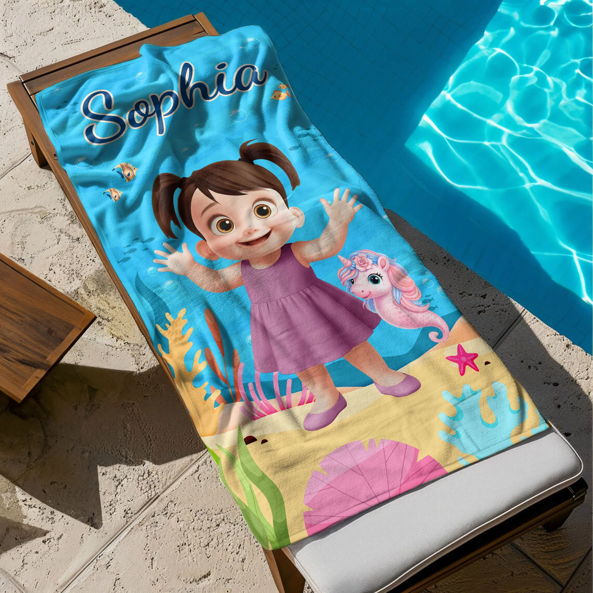 Cute Cartoon Kid With Sea Animal - Personalized Quick-Dry Beach Towel - Image 4