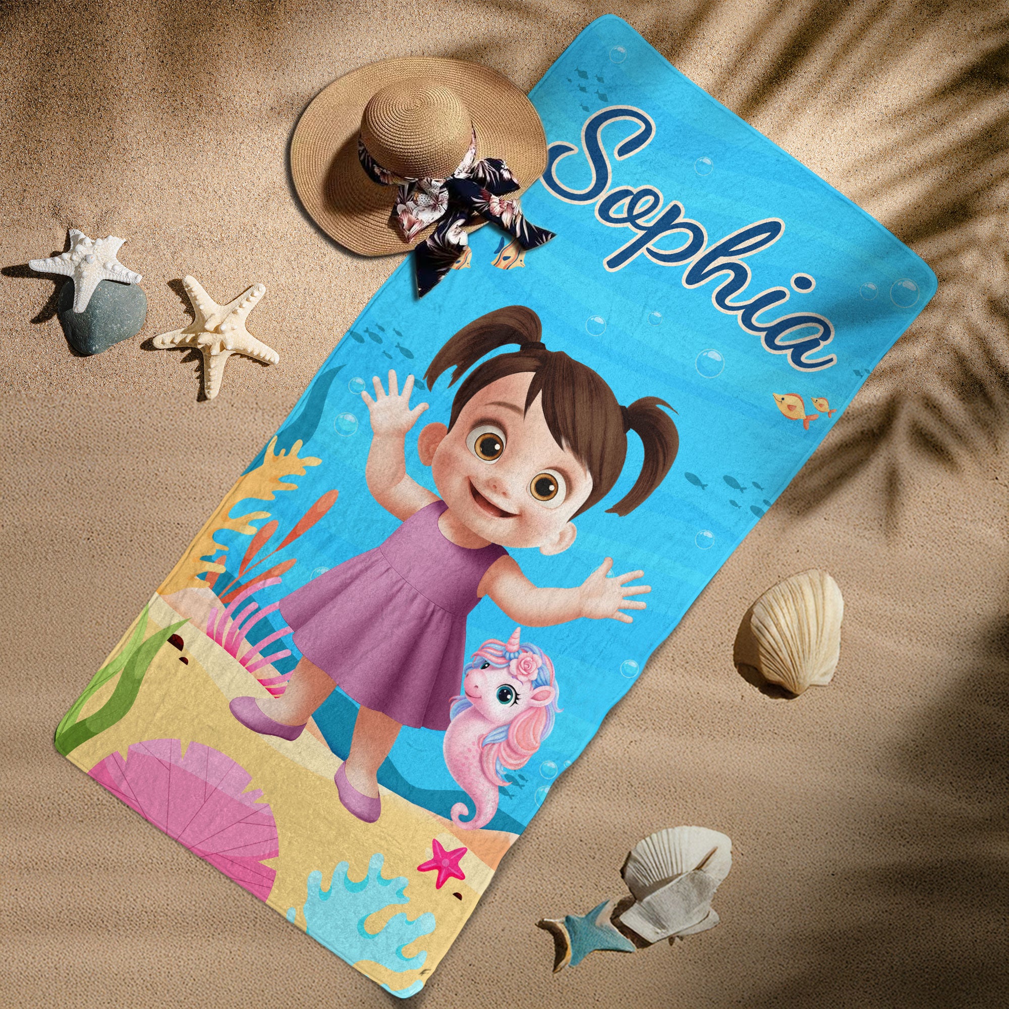 Cute Cartoon Kid With Sea Animal - Personalized Quick-Dry Beach Towel - Image 7