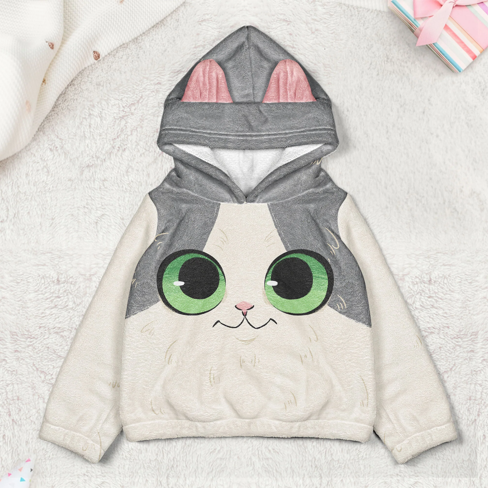 Cute Cat Gift For Daughter - Personalized Kid Fleece Hooded Sweatshirt With Ears - Image 2
