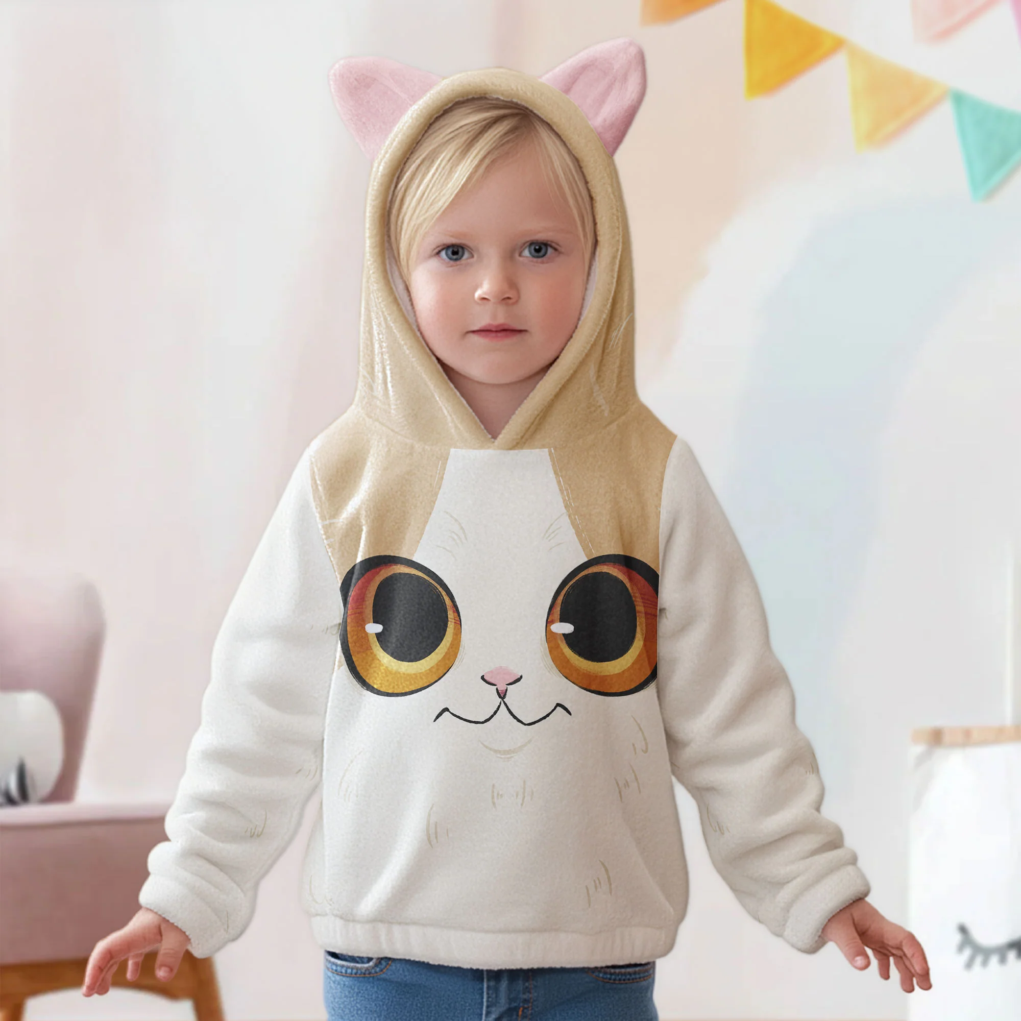 Cute Cat Gift For Daughter - Personalized Kid Fleece Hooded Sweatshirt With Ears - Image 3