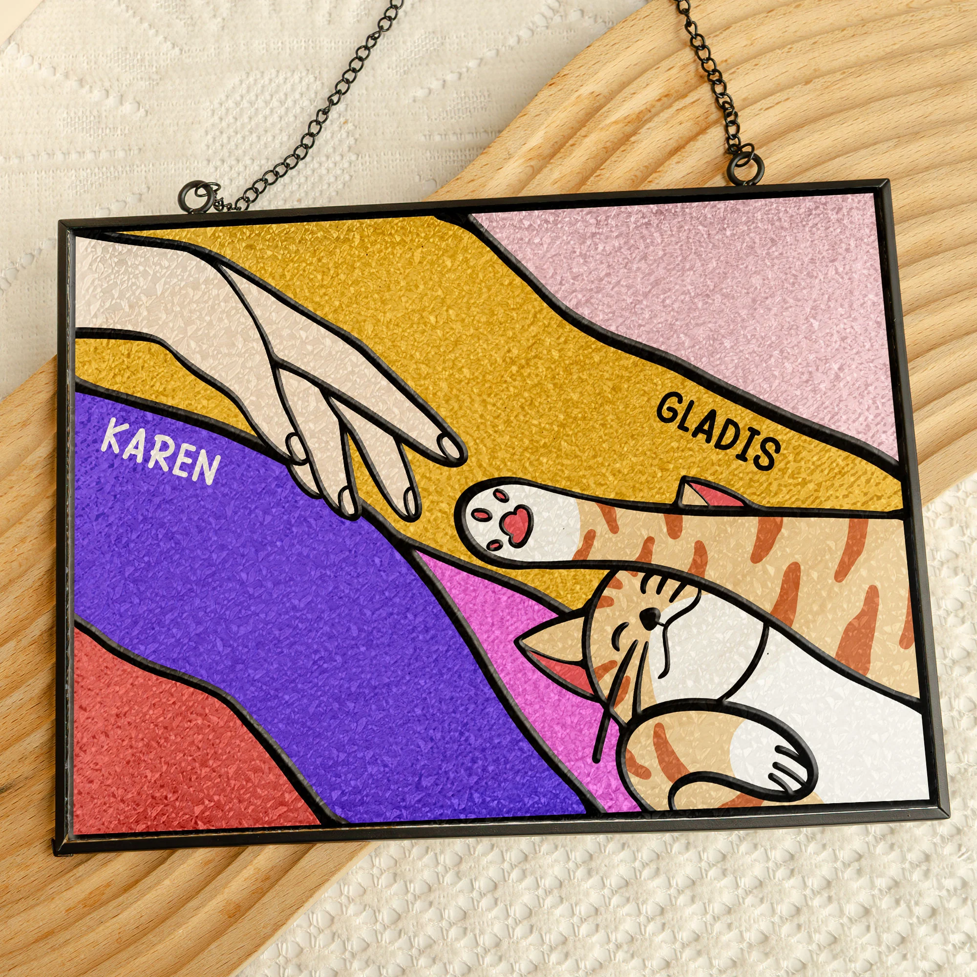 Cute Cat Reaching For Hand - Personalized Stained Glass Suncatcher - Image 3