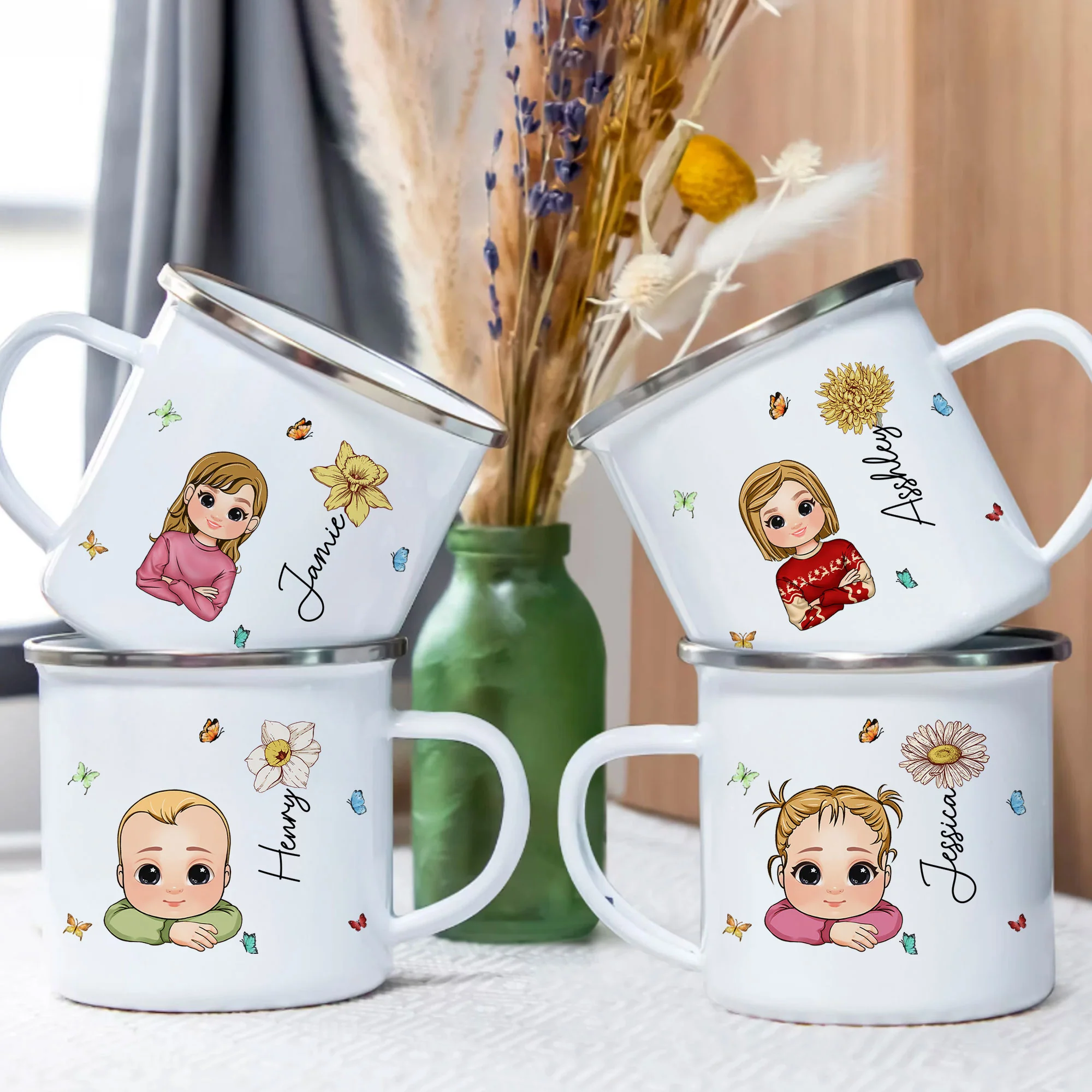 Cute Kid Birth Flower - Personalized Enamel Mug - Image 5