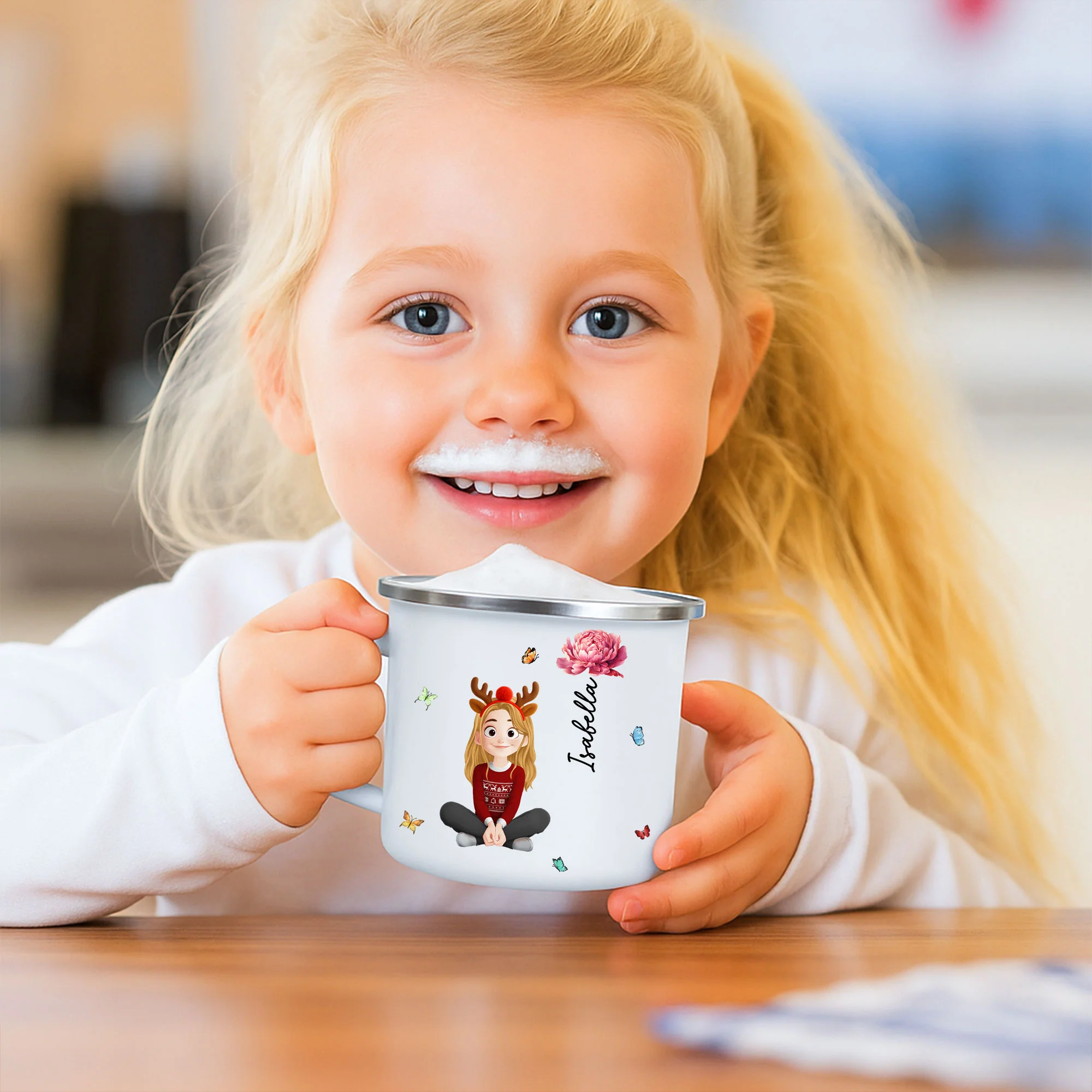 Cute Kid & Birth Flower - Personalized Enamel Mug - Image 2