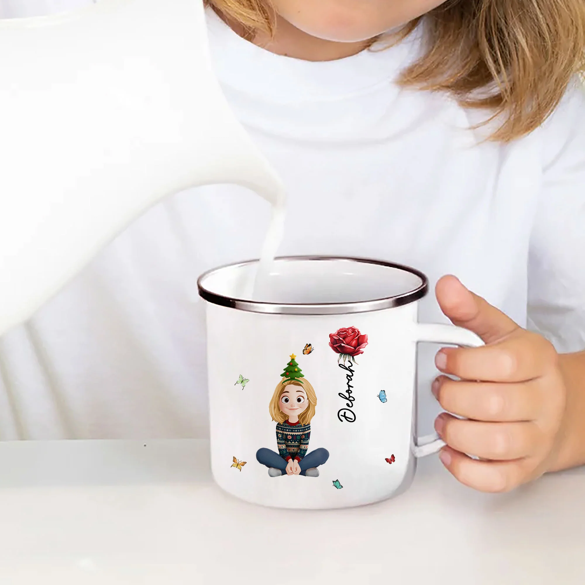 Cute Kid & Birth Flower - Personalized Enamel Mug - Image 3